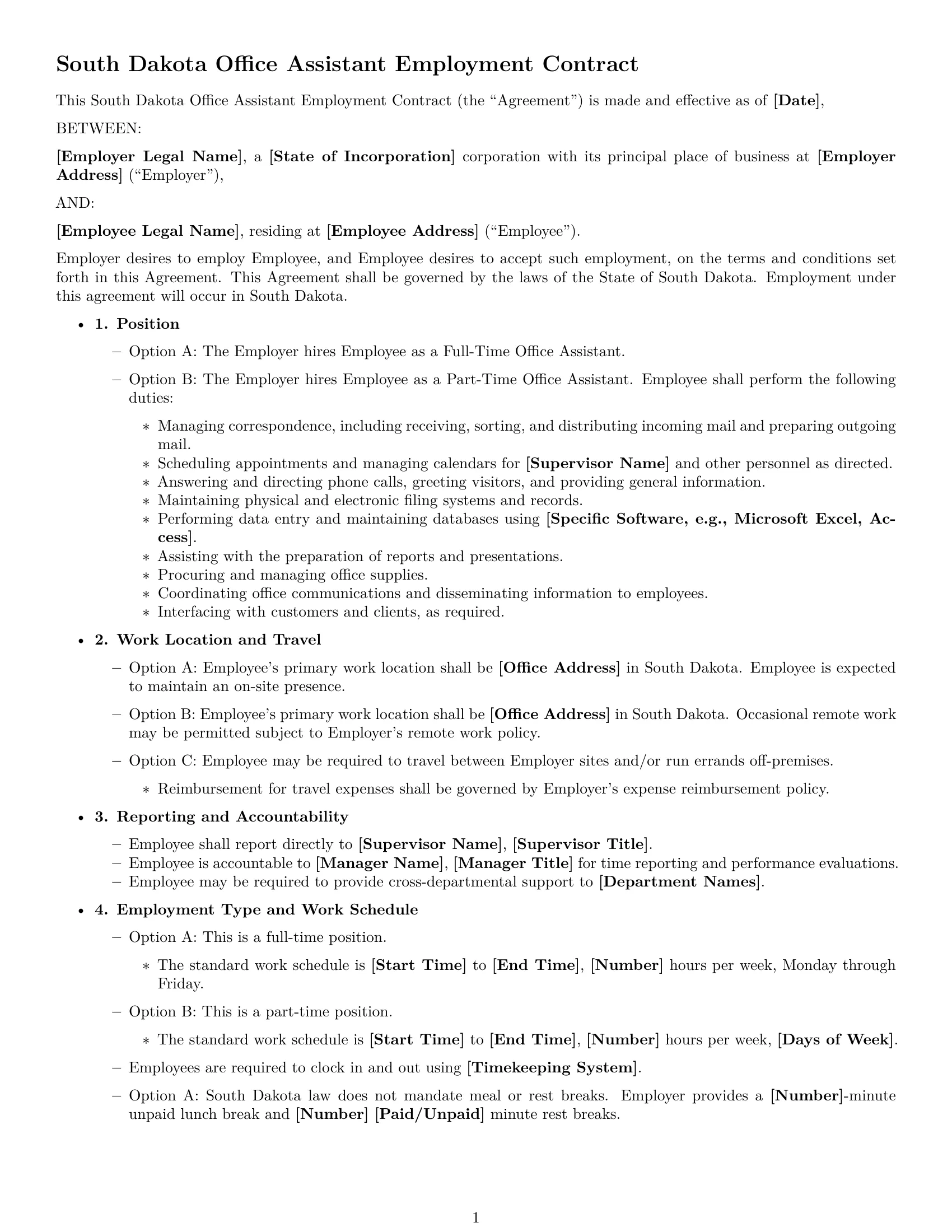 Preview page 1 of Free South Dakota office assistant employment contract template