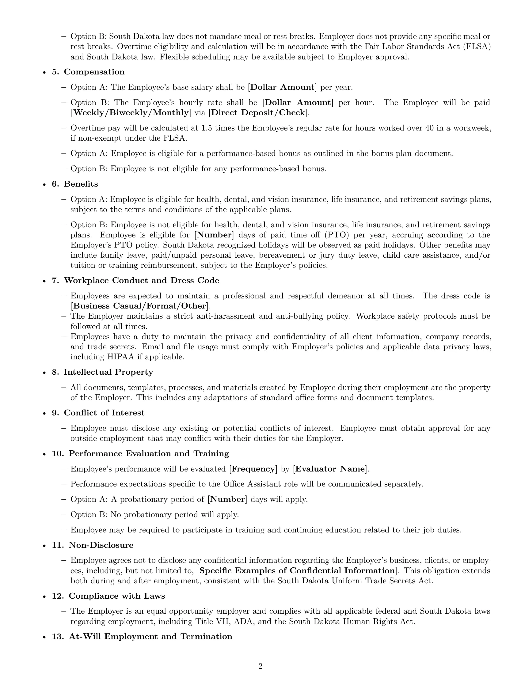 Preview page 2 of Free South Dakota office assistant employment contract template