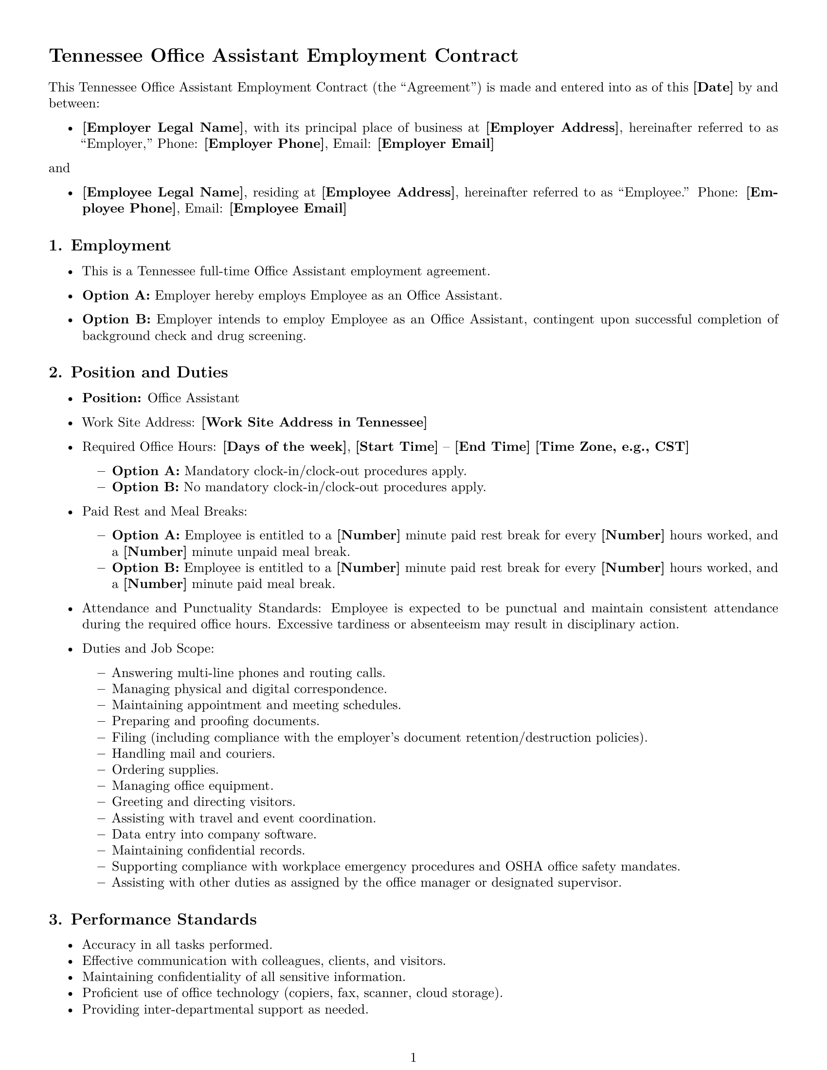 Preview page 1 of Free Tennessee office assistant employment contract template