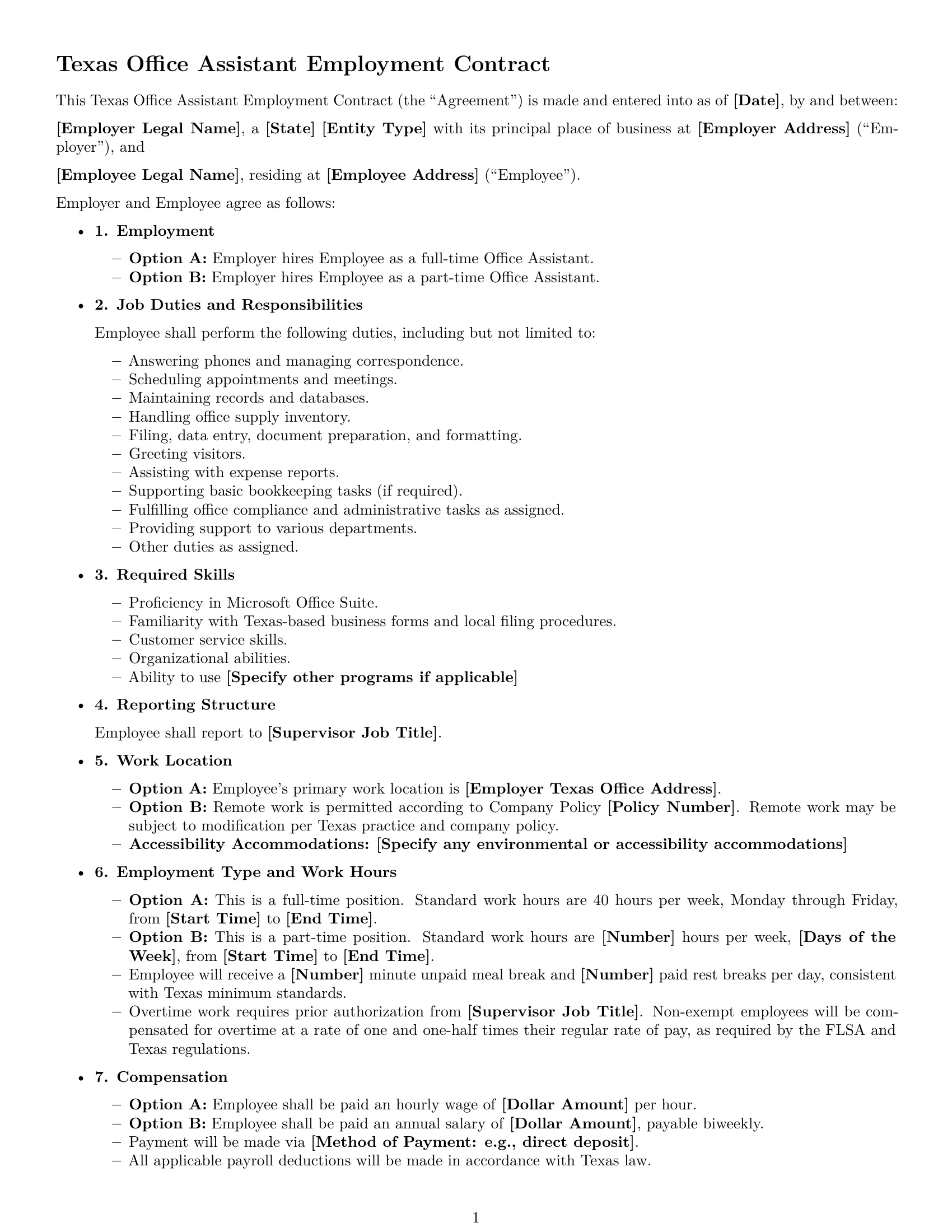 Preview page 1 of Free Texas office assistant employment contract template