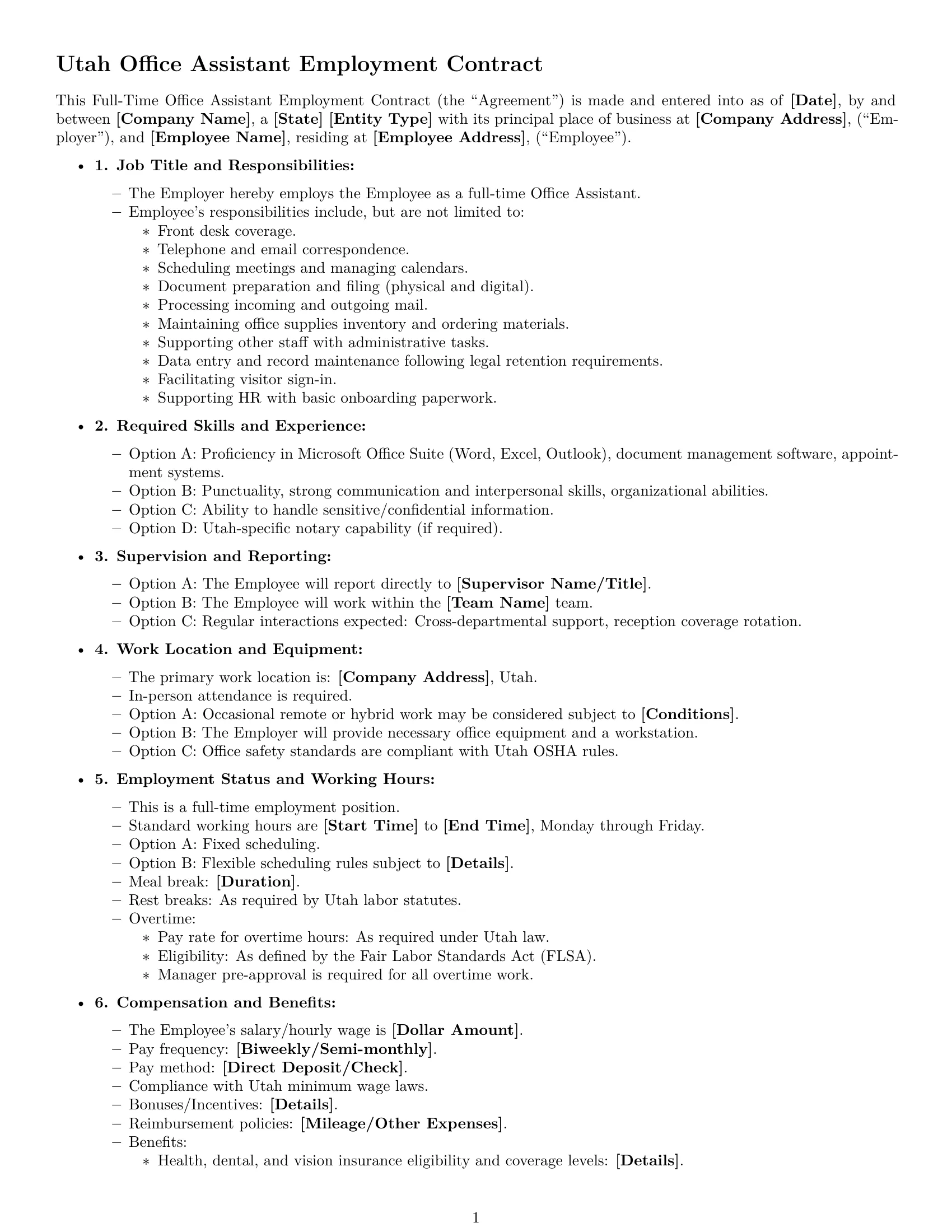 Preview page 1 of Free Utah office assistant employment contract template