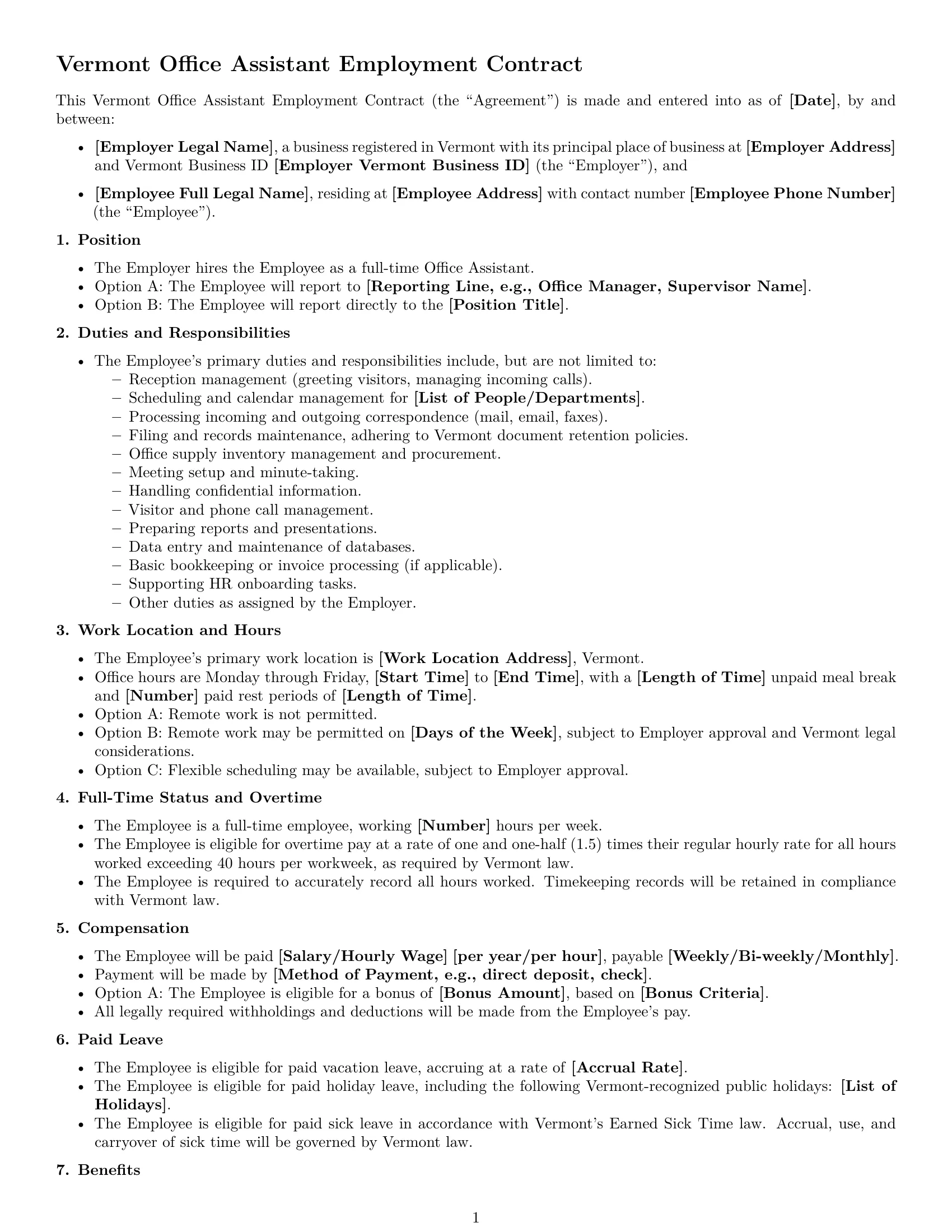 Preview page 1 of Free Vermont office assistant employment contract template