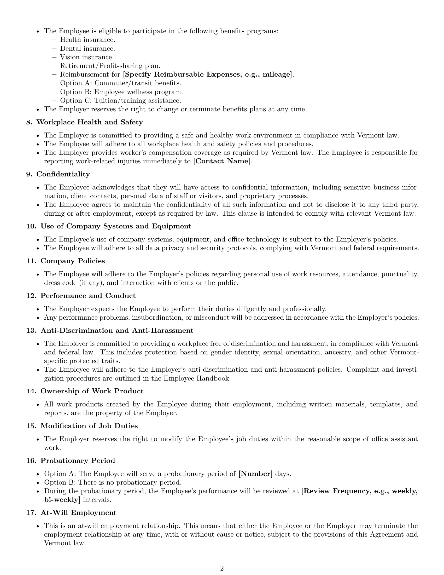 Preview page 2 of Free Vermont office assistant employment contract template