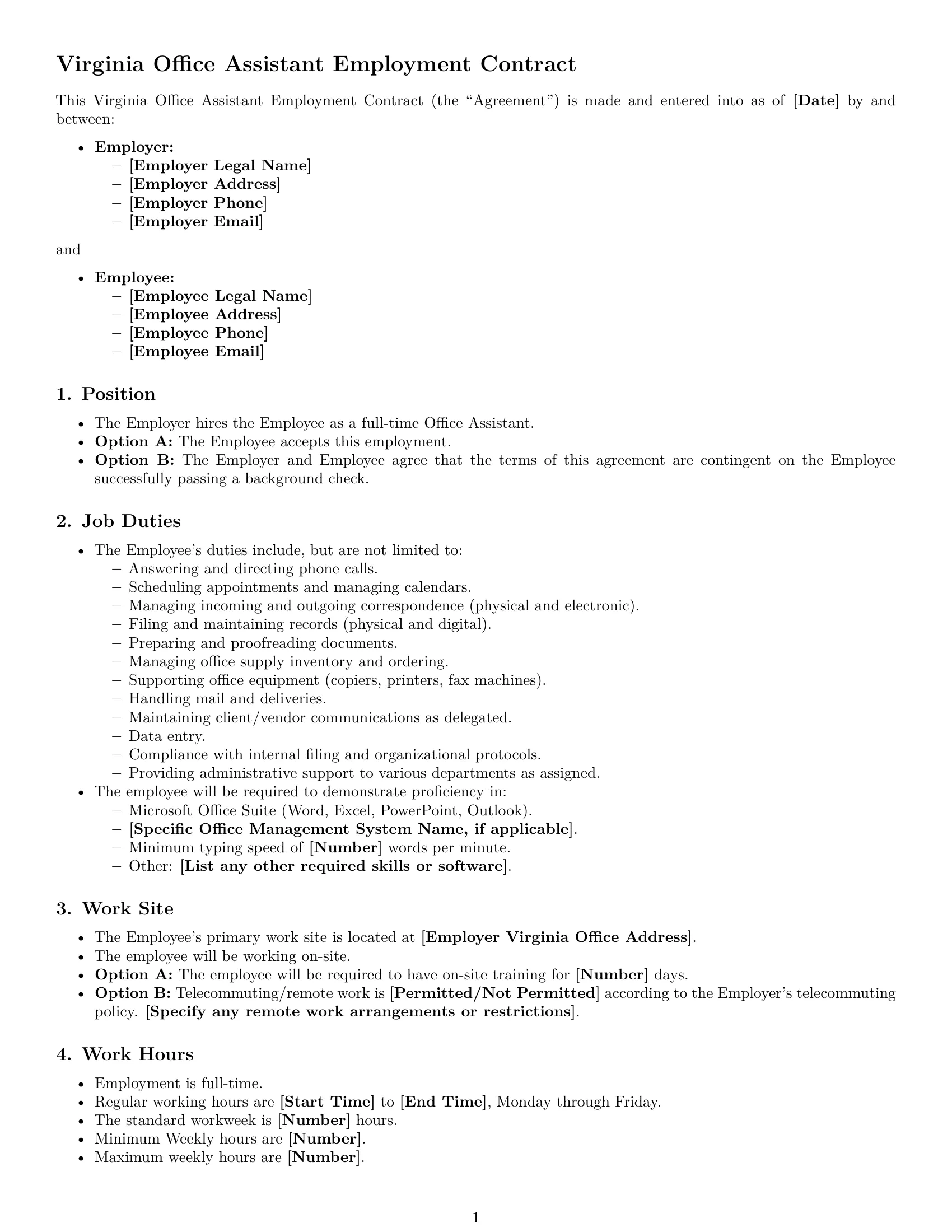 Preview page 1 of Free Virginia office assistant employment contract template