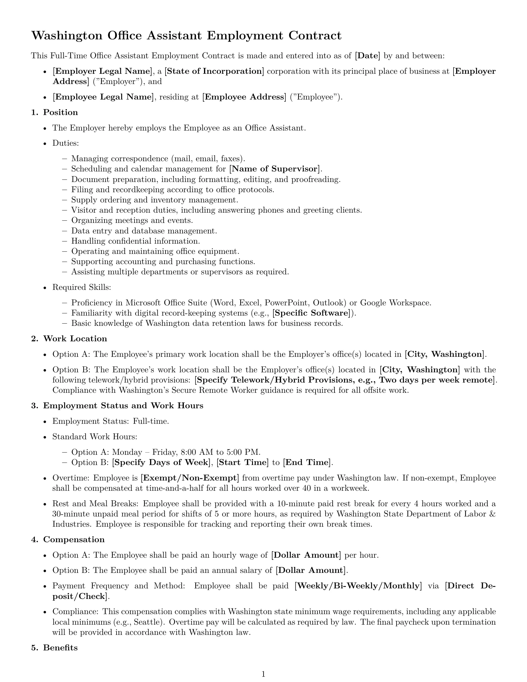 Preview page 1 of Free Washington office assistant employment contract template