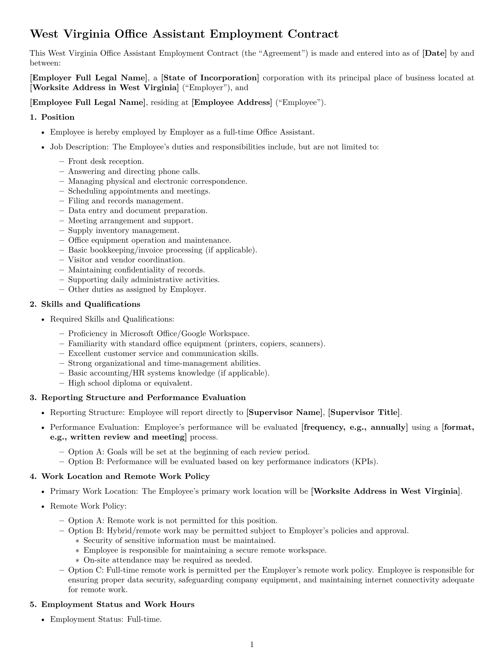 Preview page 1 of Free West Virginia office assistant employment contract template