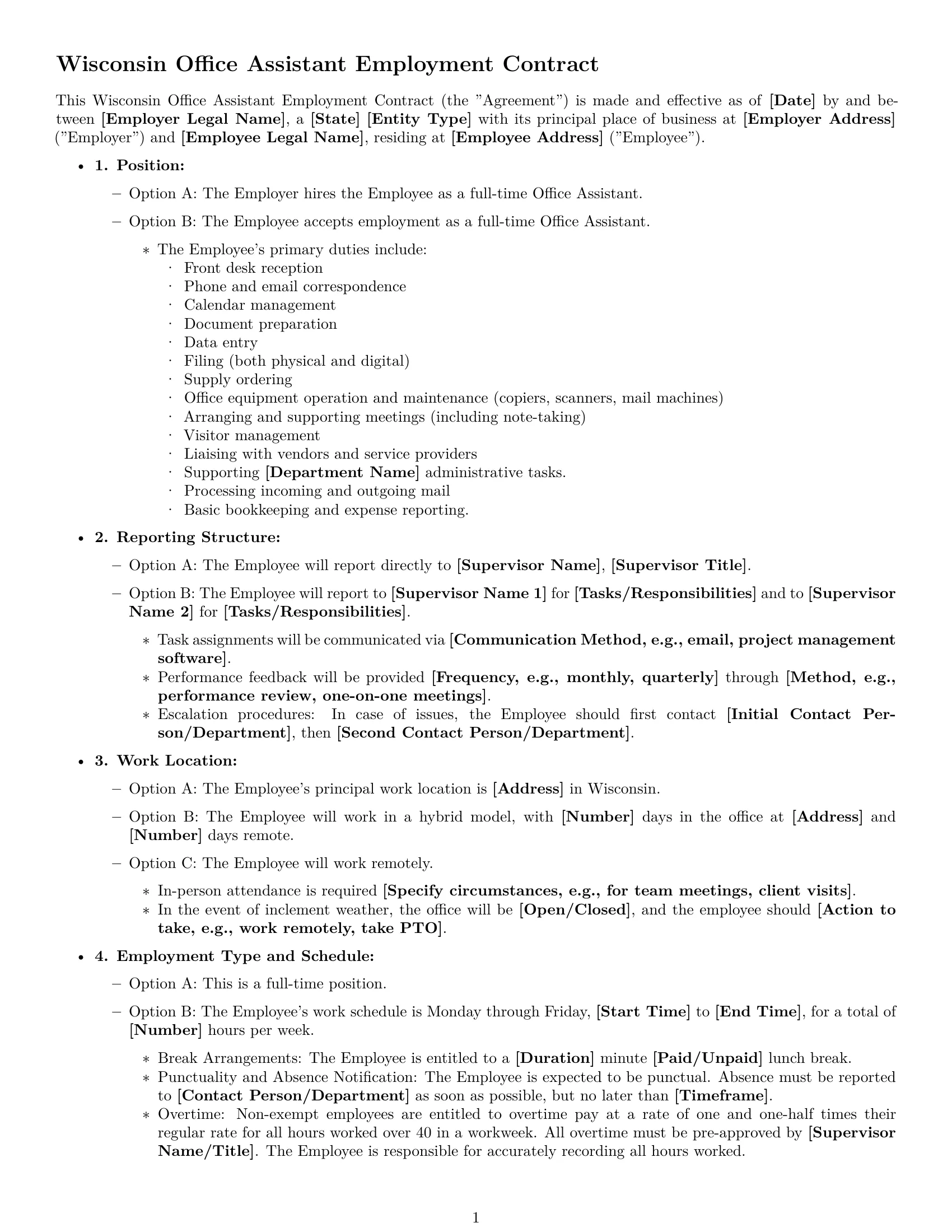 Preview page 1 of Free Wisconsin office assistant employment contract template