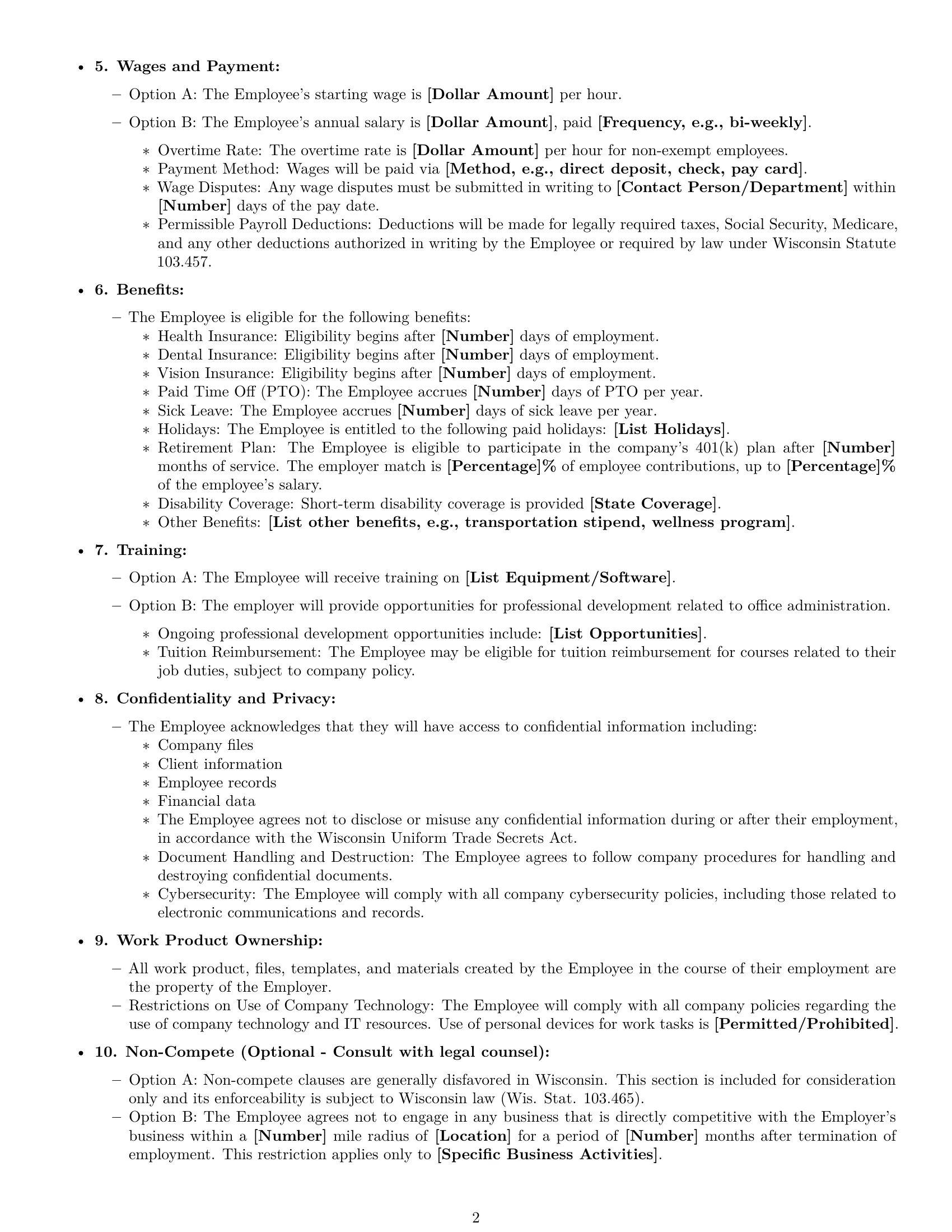 Preview page 2 of Free Wisconsin office assistant employment contract template