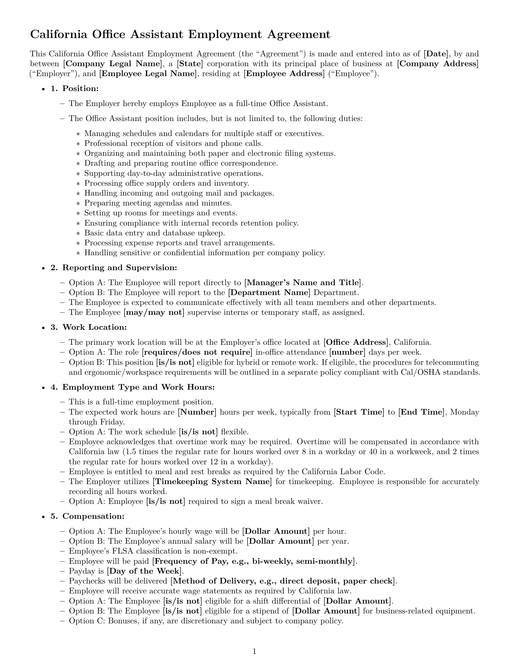 Preview page 1 of Free California office assistant employment contract template