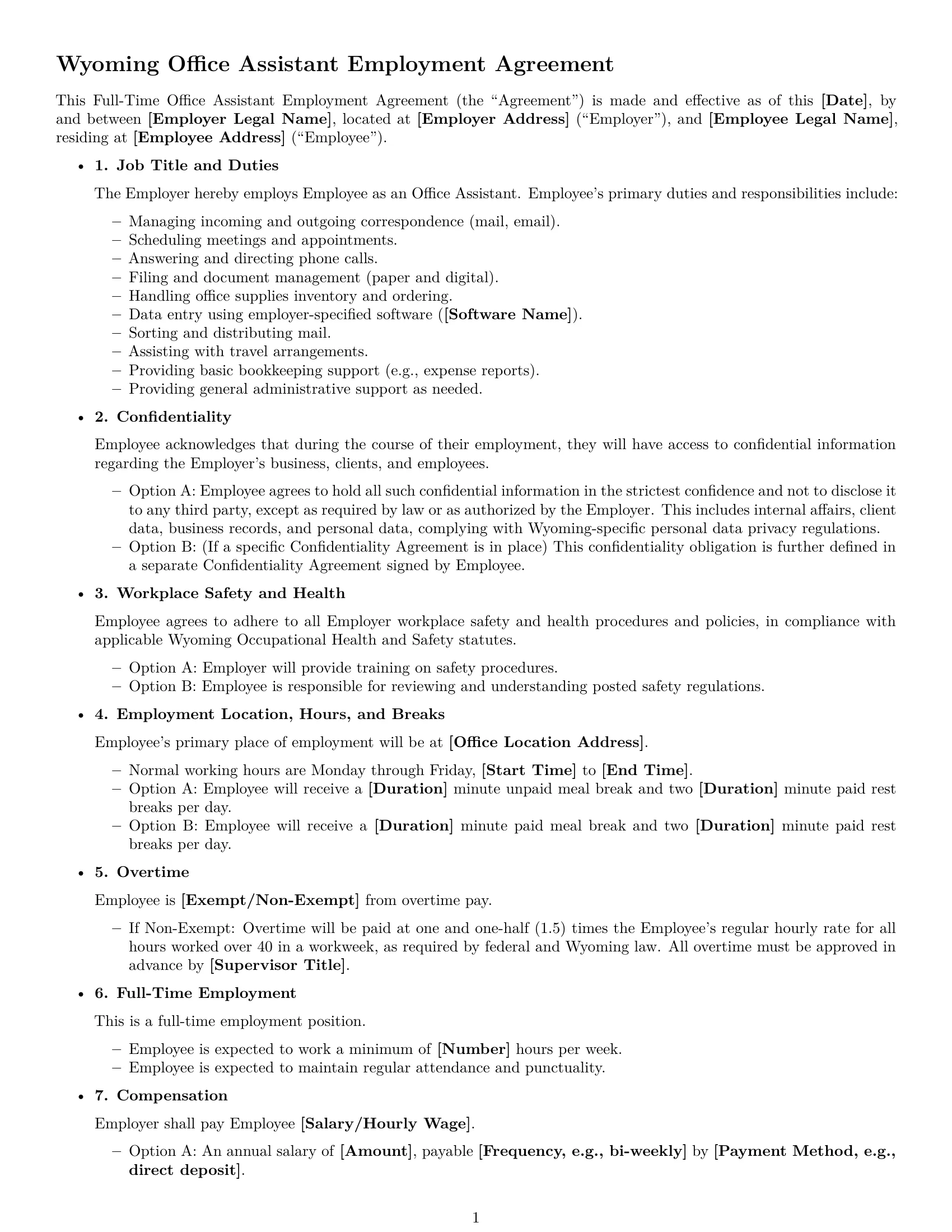Preview page 1 of Free Wyoming office assistant employment contract template