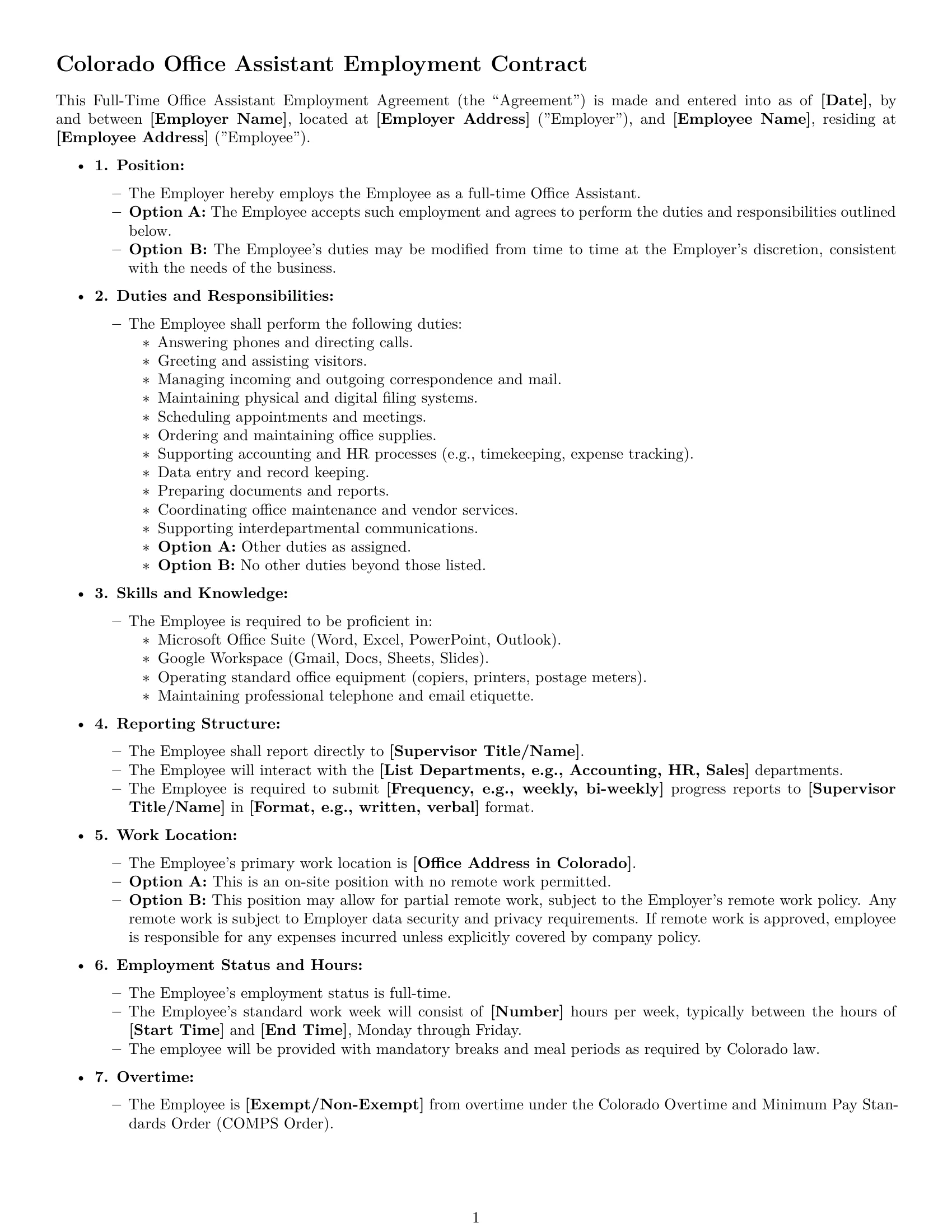 Preview page 1 of Free Colorado office assistant employment contract template