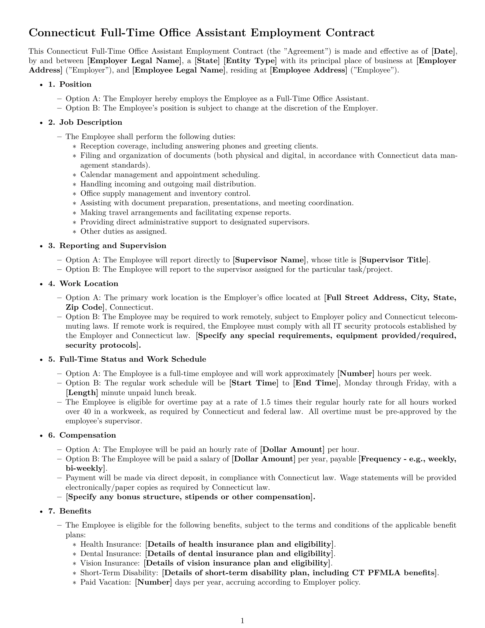 Preview page 1 of Free Connecticut office assistant employment contract template