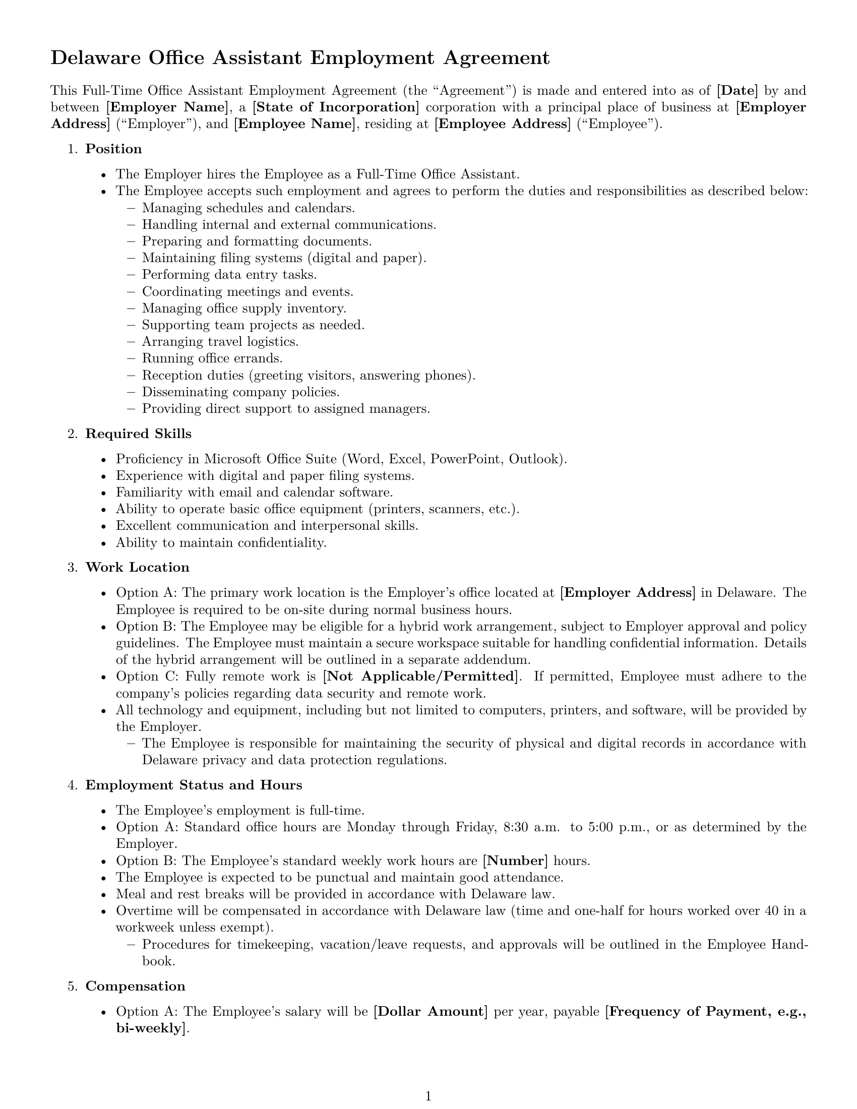 Preview page 1 of Free Delaware office assistant employment contract template