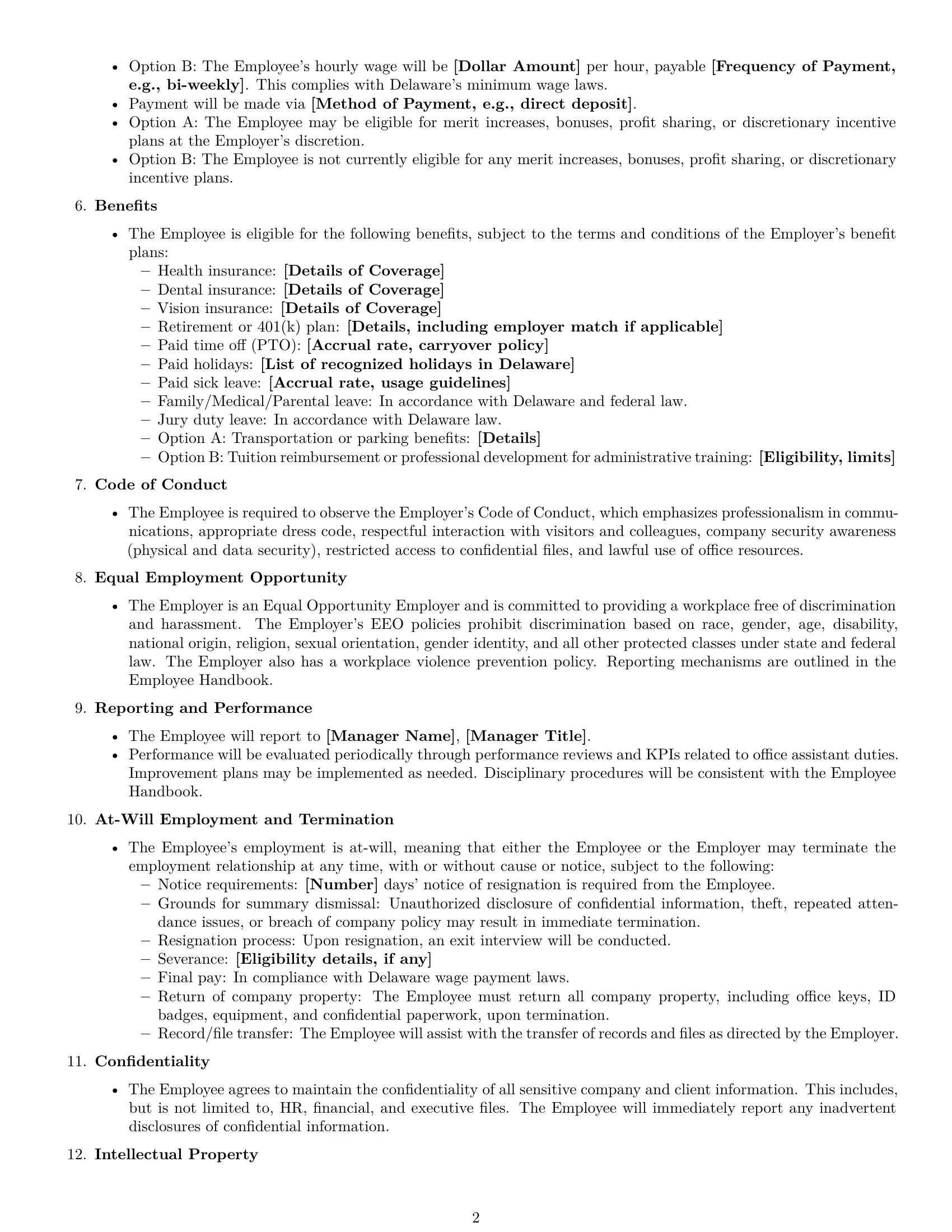 Preview page 2 of Free Delaware office assistant employment contract template