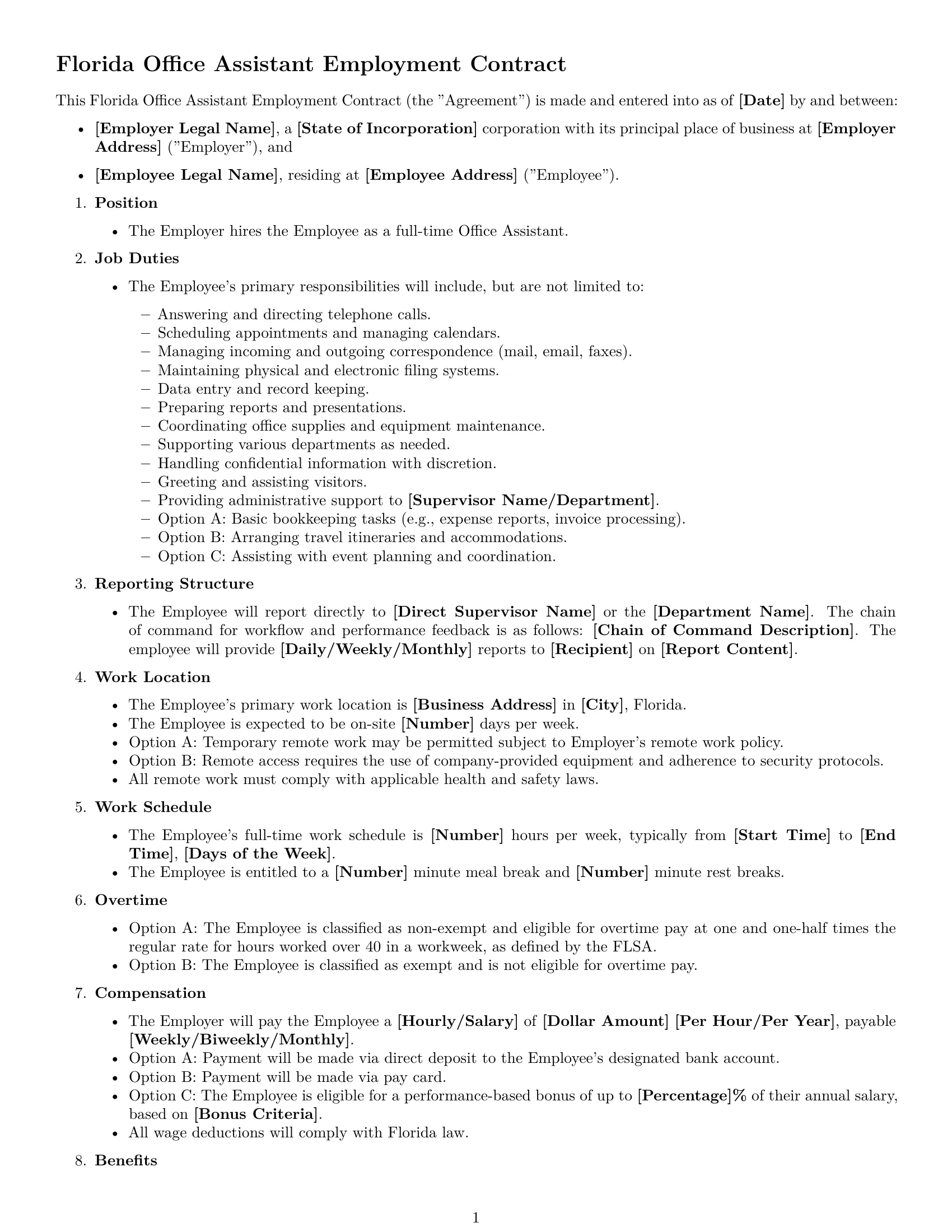 Preview page 1 of Free Florida office assistant employment contract template