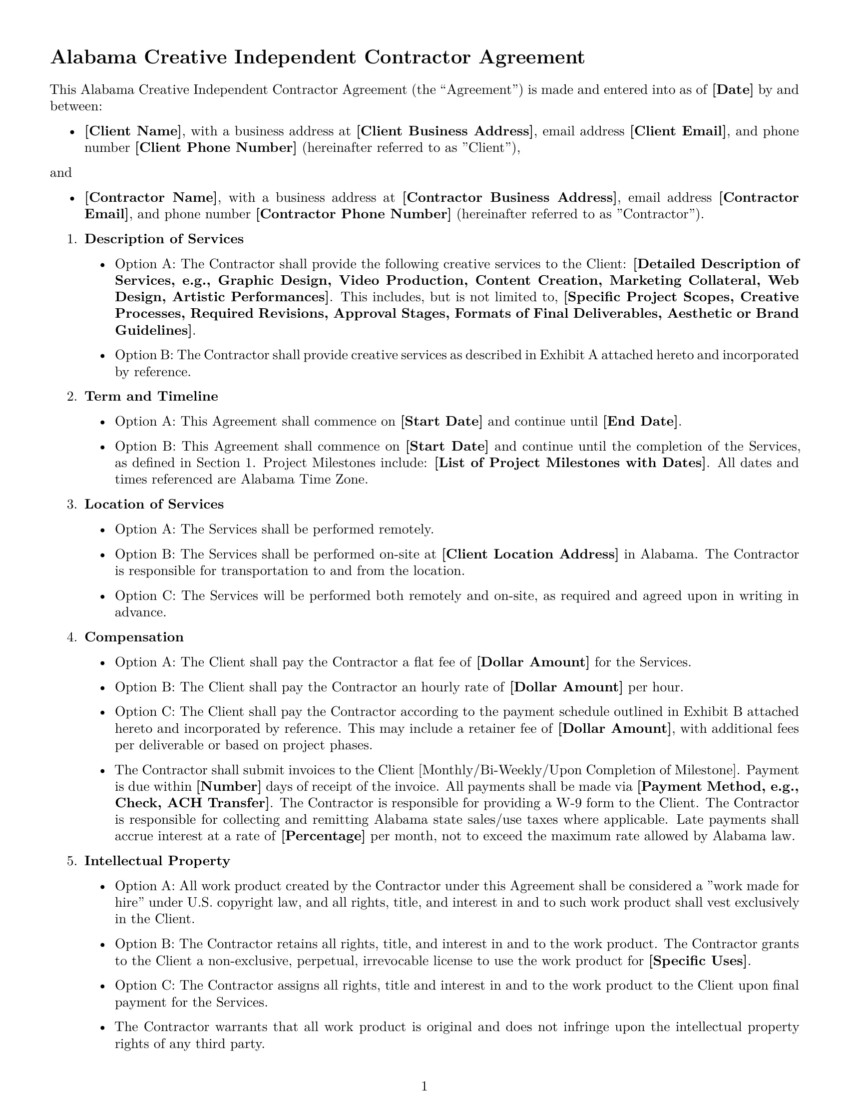 Preview page 1 of Free Alabama creative independent contractor agreement template