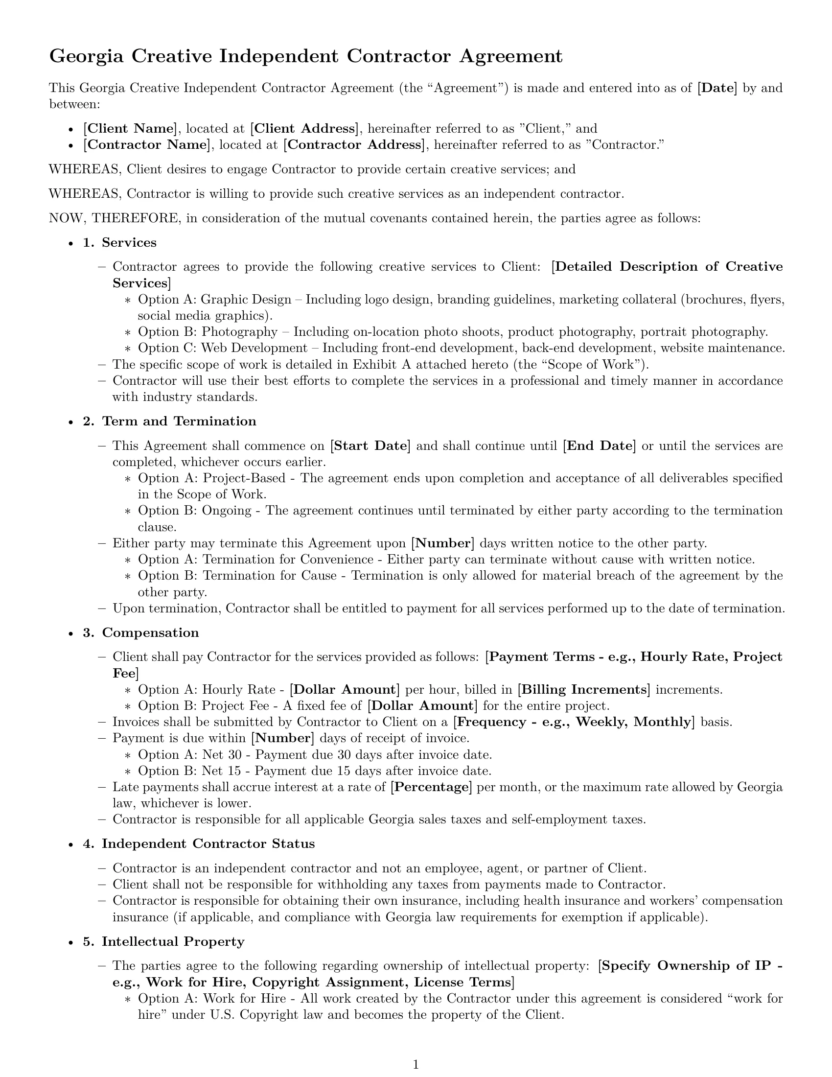 Preview page 1 of Free Georgia creative independent contractor agreement template
