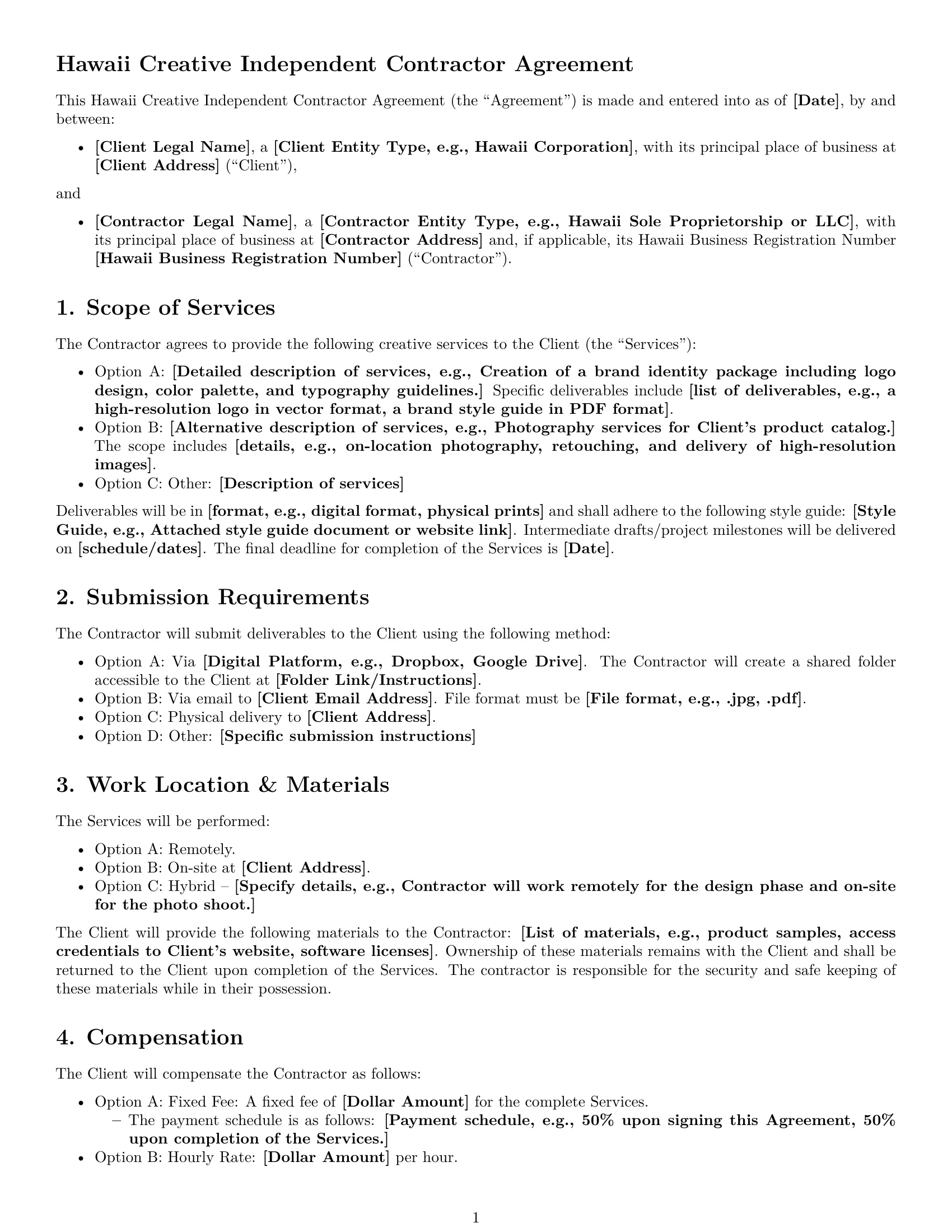 Preview page 1 of Free Hawaii creative independent contractor agreement template