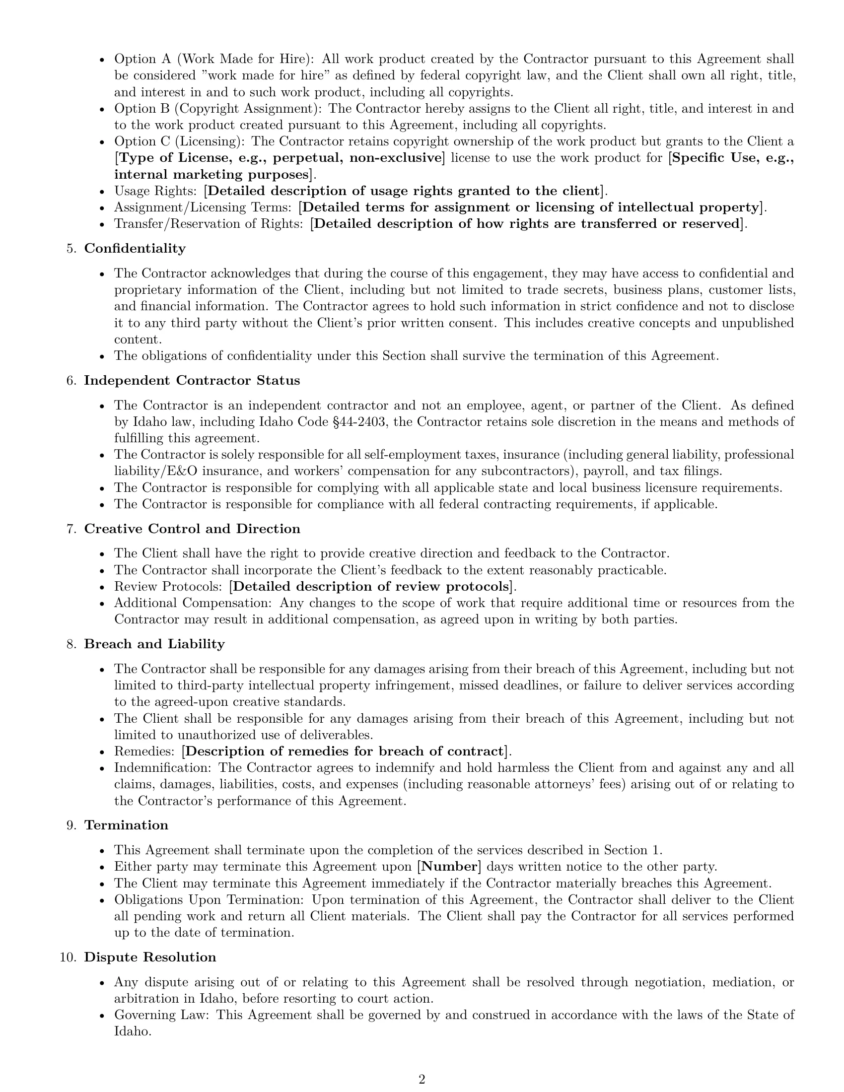 Preview page 2 of Free Idaho creative independent contractor agreement template