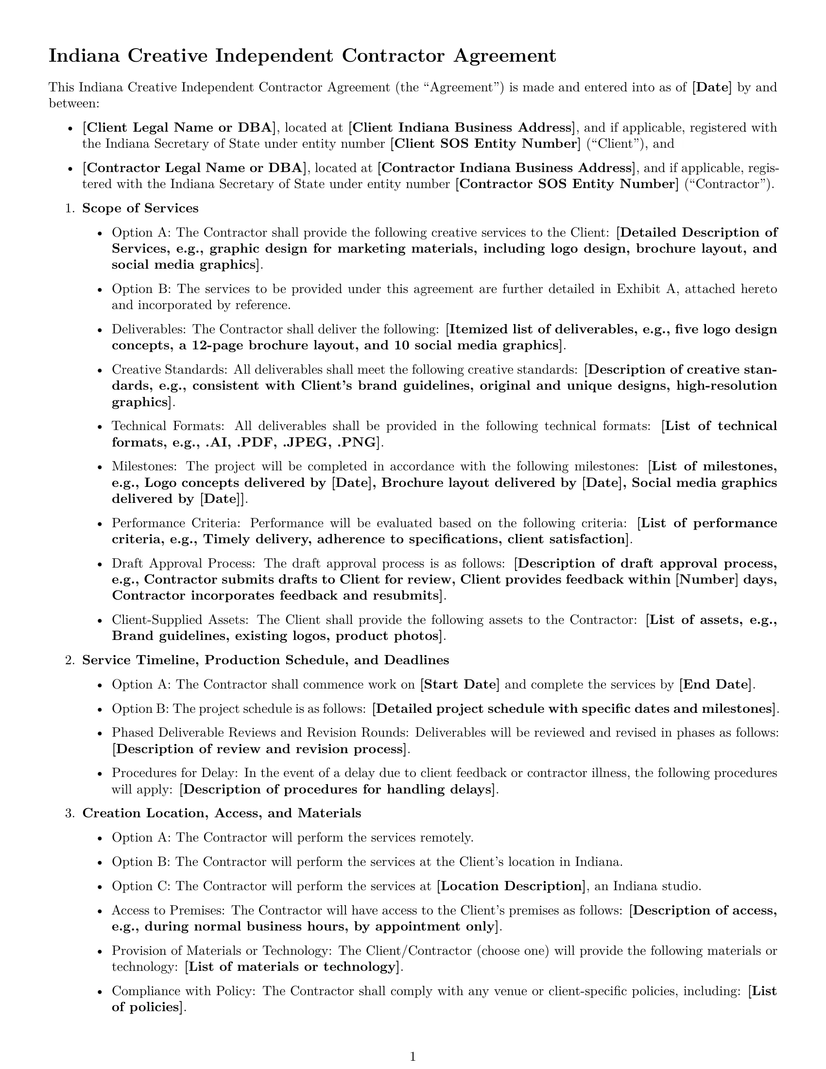 Preview page 1 of Free Indiana creative independent contractor agreement template