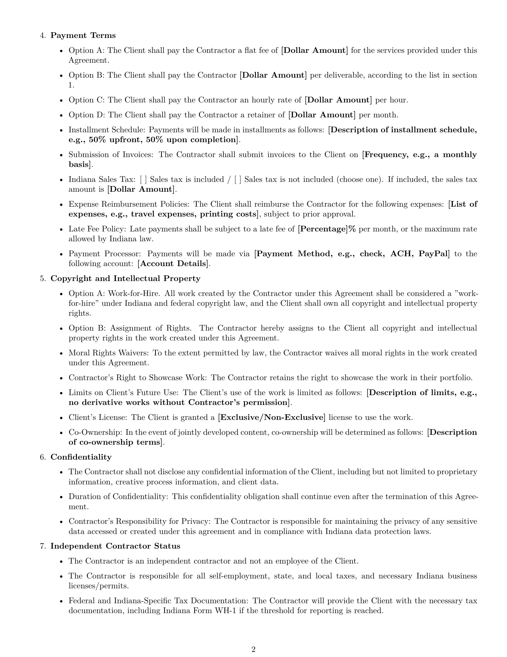Preview page 2 of Free Indiana creative independent contractor agreement template