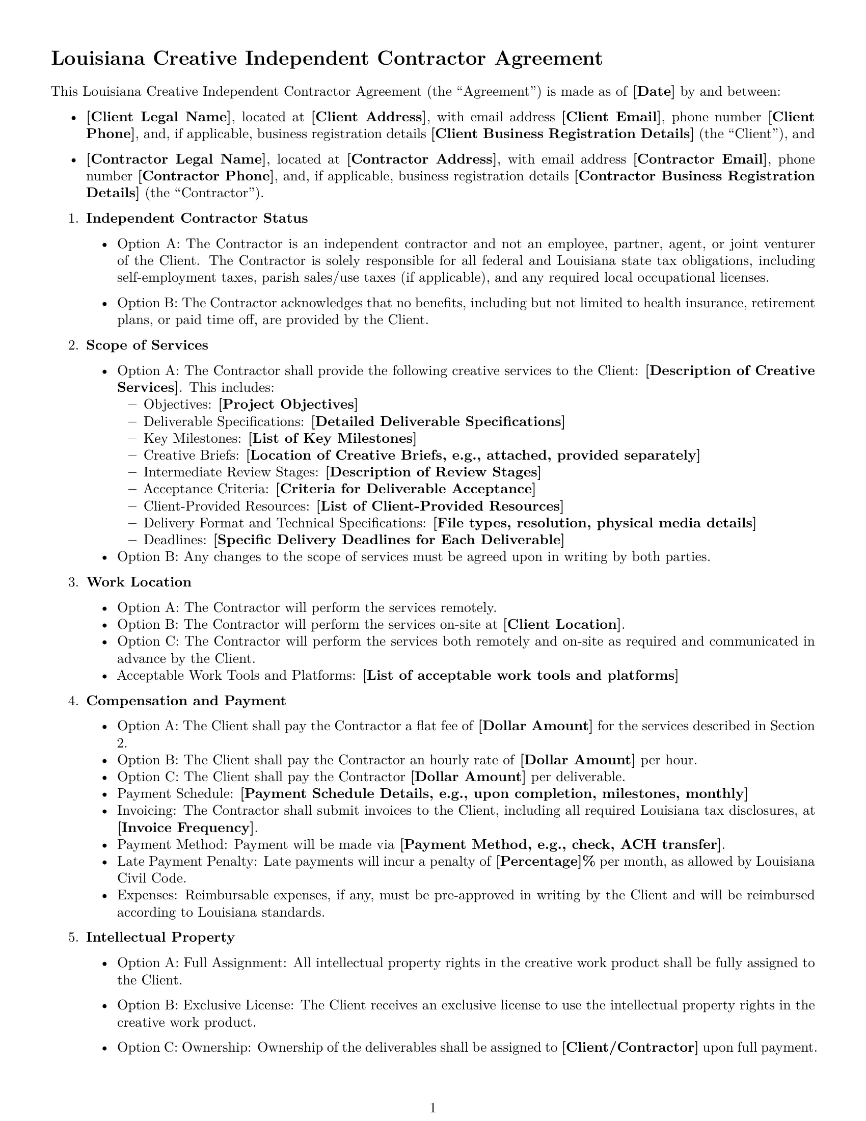 Preview page 1 of Free Louisiana creative independent contractor agreement template