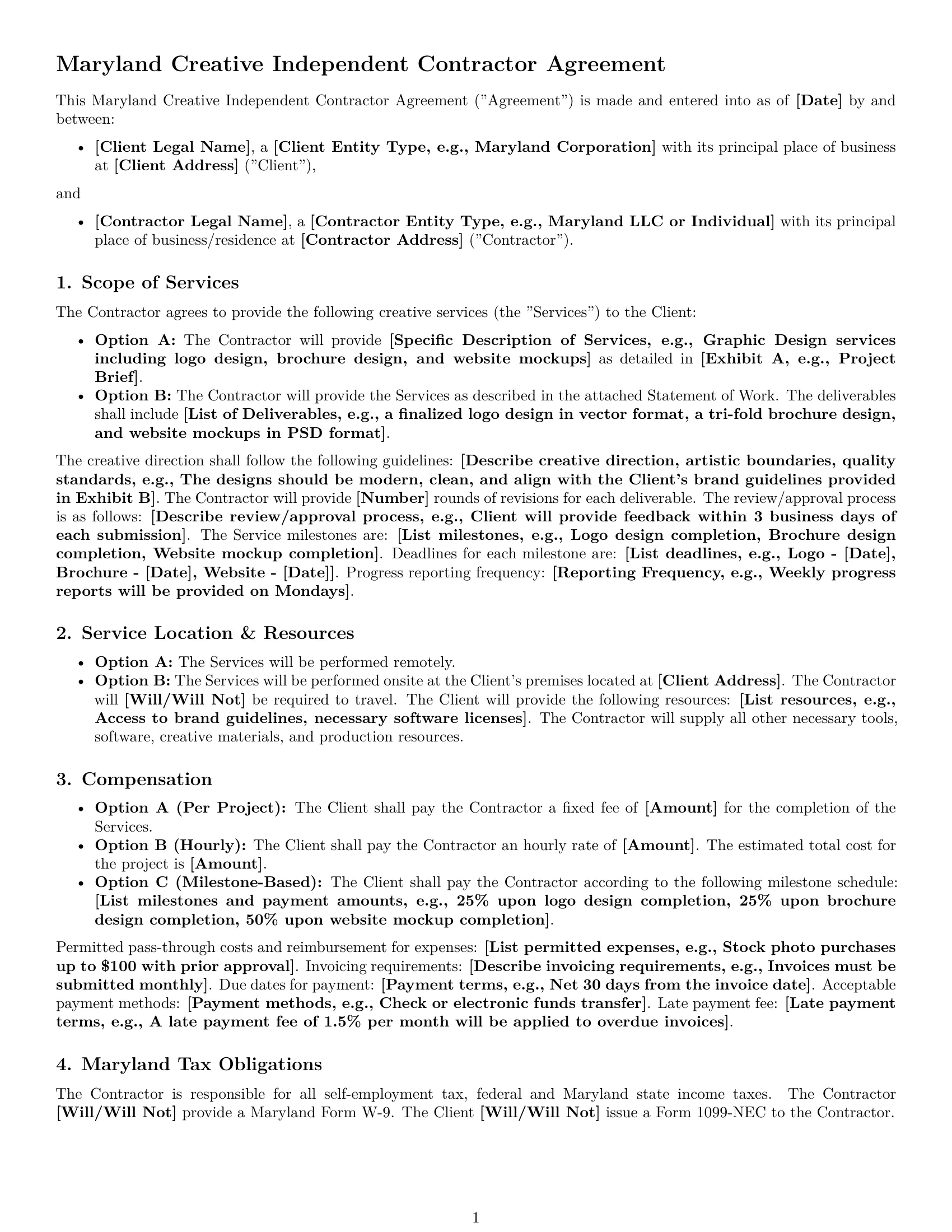 Preview page 1 of Free Maryland creative independent contractor agreement template