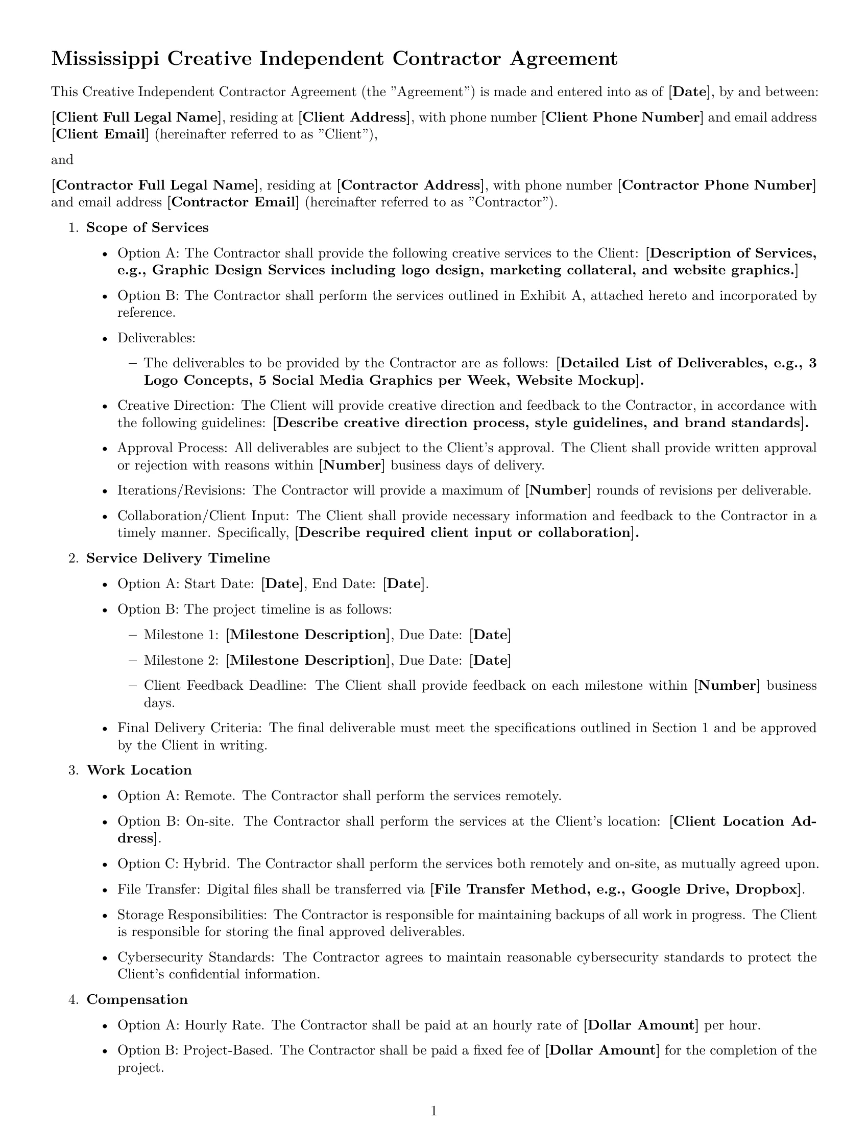 Preview page 1 of Free Mississippi creative independent contractor agreement template