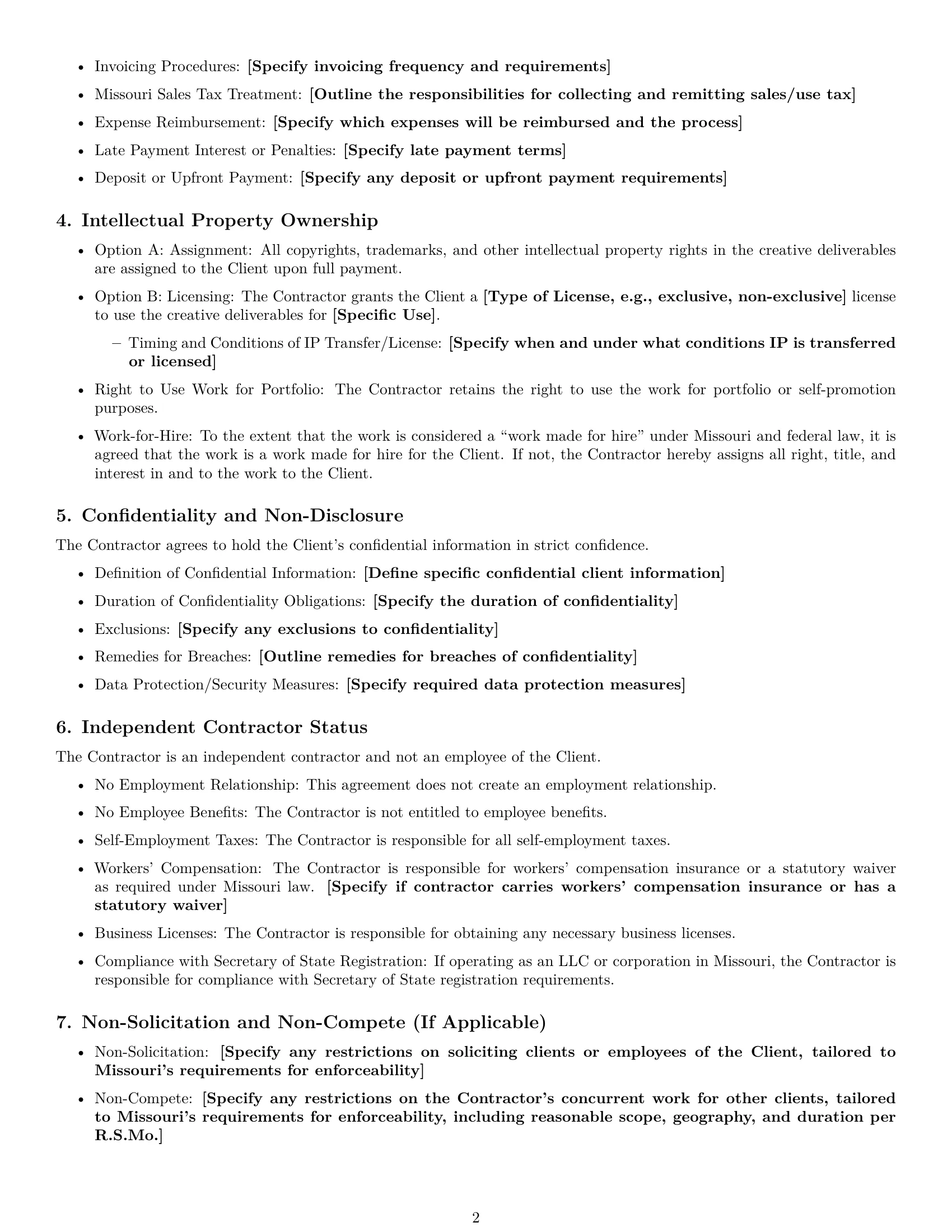 Preview page 2 of Free Missouri creative independent contractor agreement template