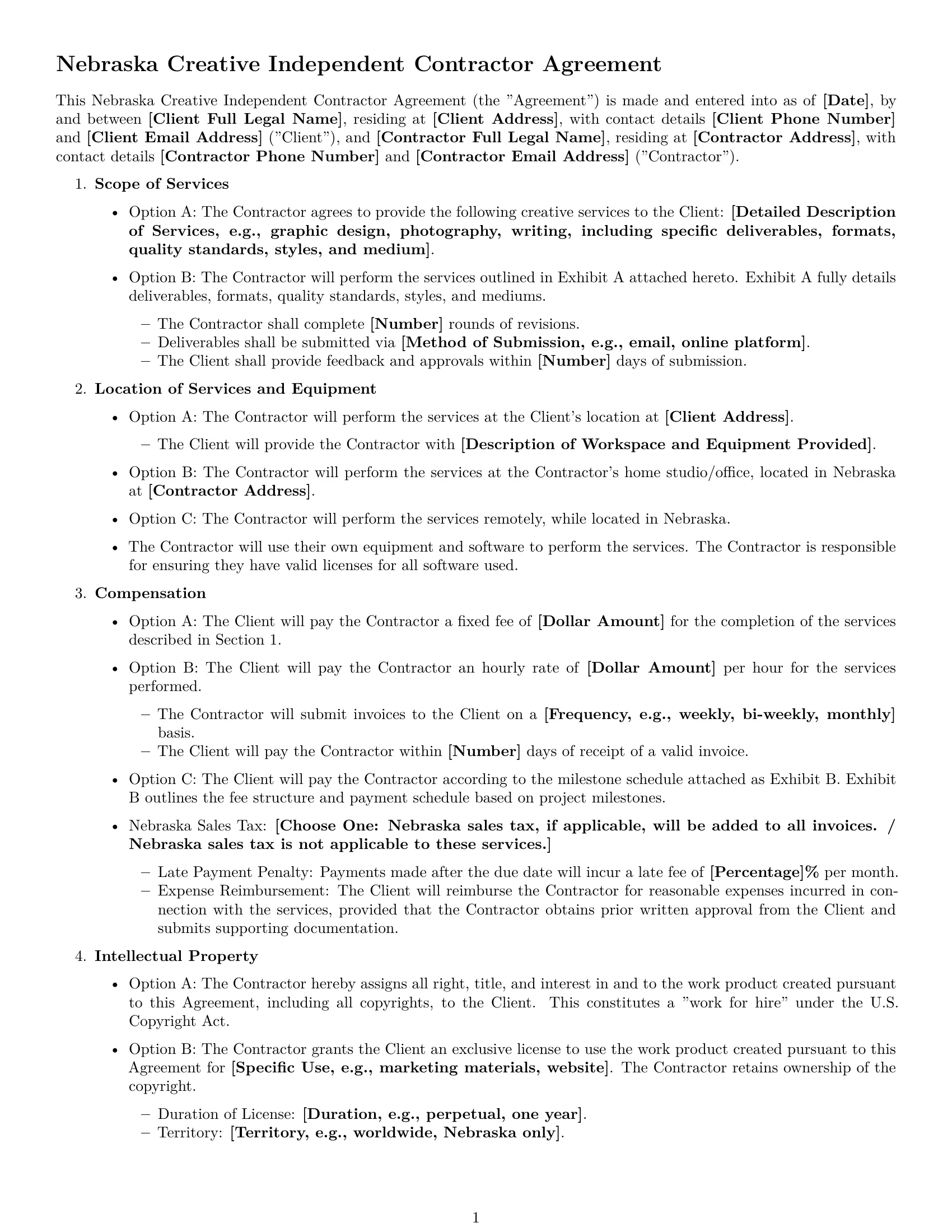 Preview page 1 of Free Nebraska creative independent contractor agreement template