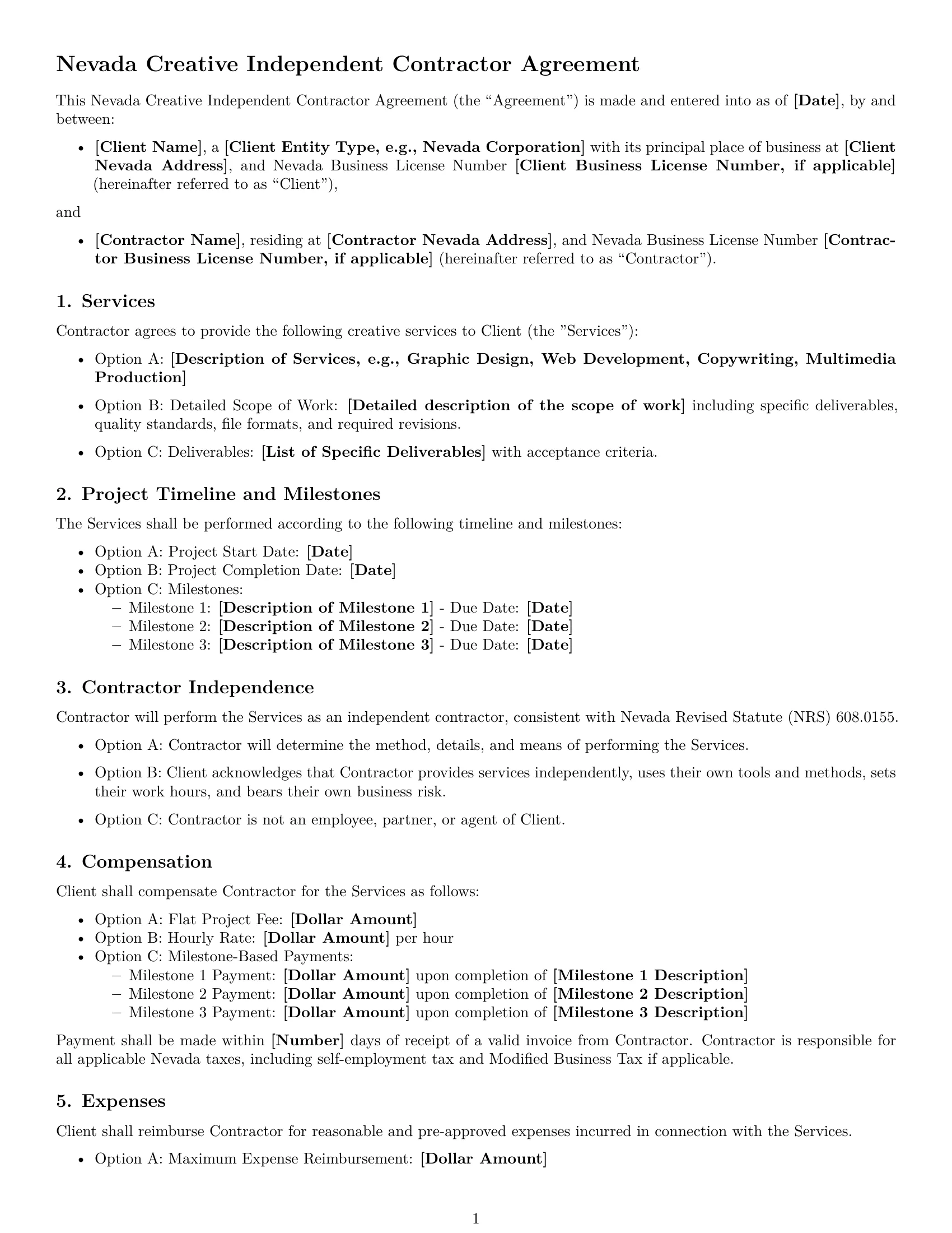 Preview page 1 of Free Nevada creative independent contractor agreement template