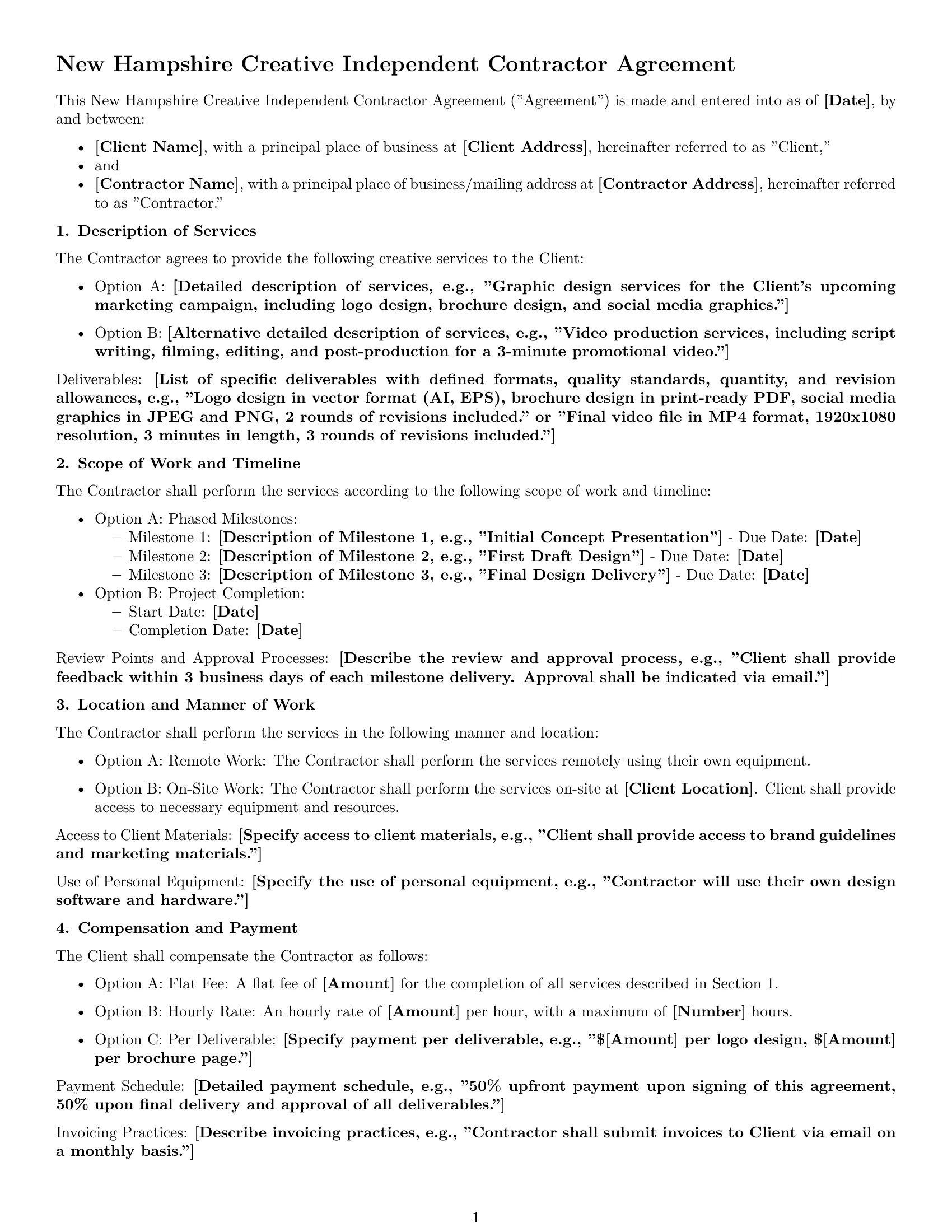 Preview page 1 of Free New Hampshire creative independent contractor agreement template