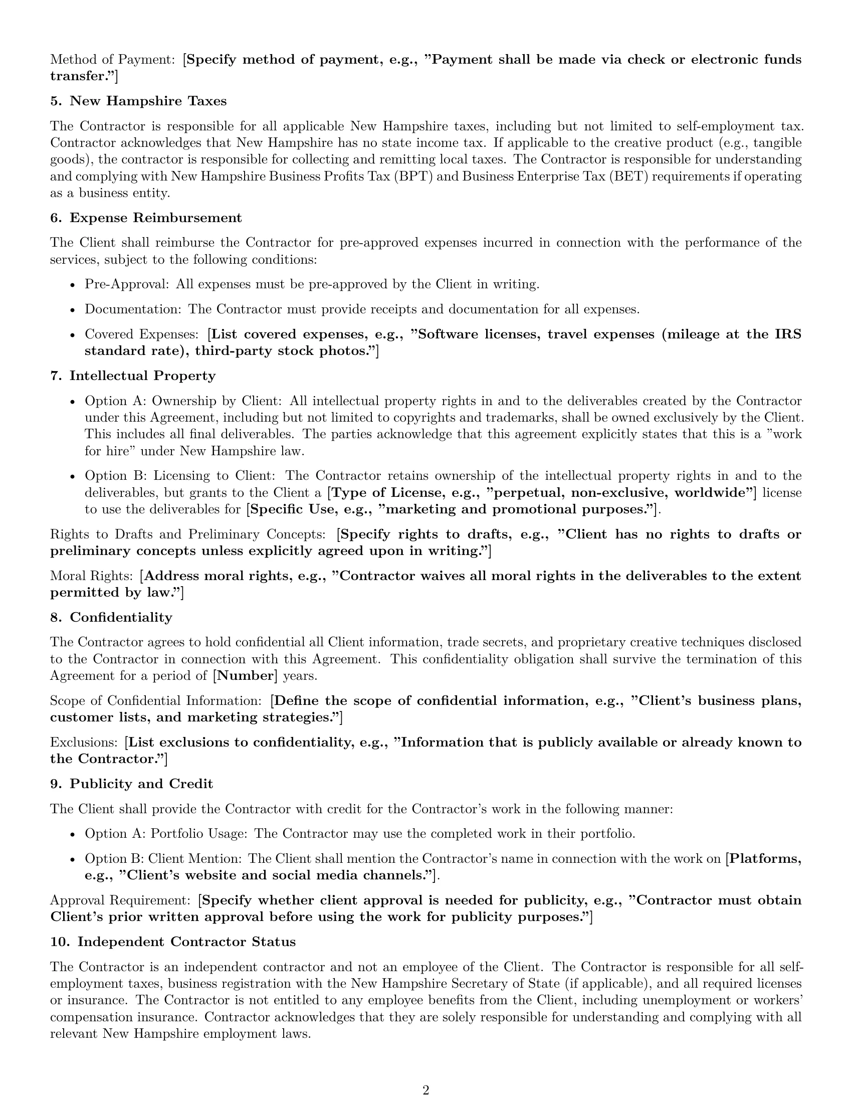 Preview page 2 of Free New Hampshire creative independent contractor agreement template