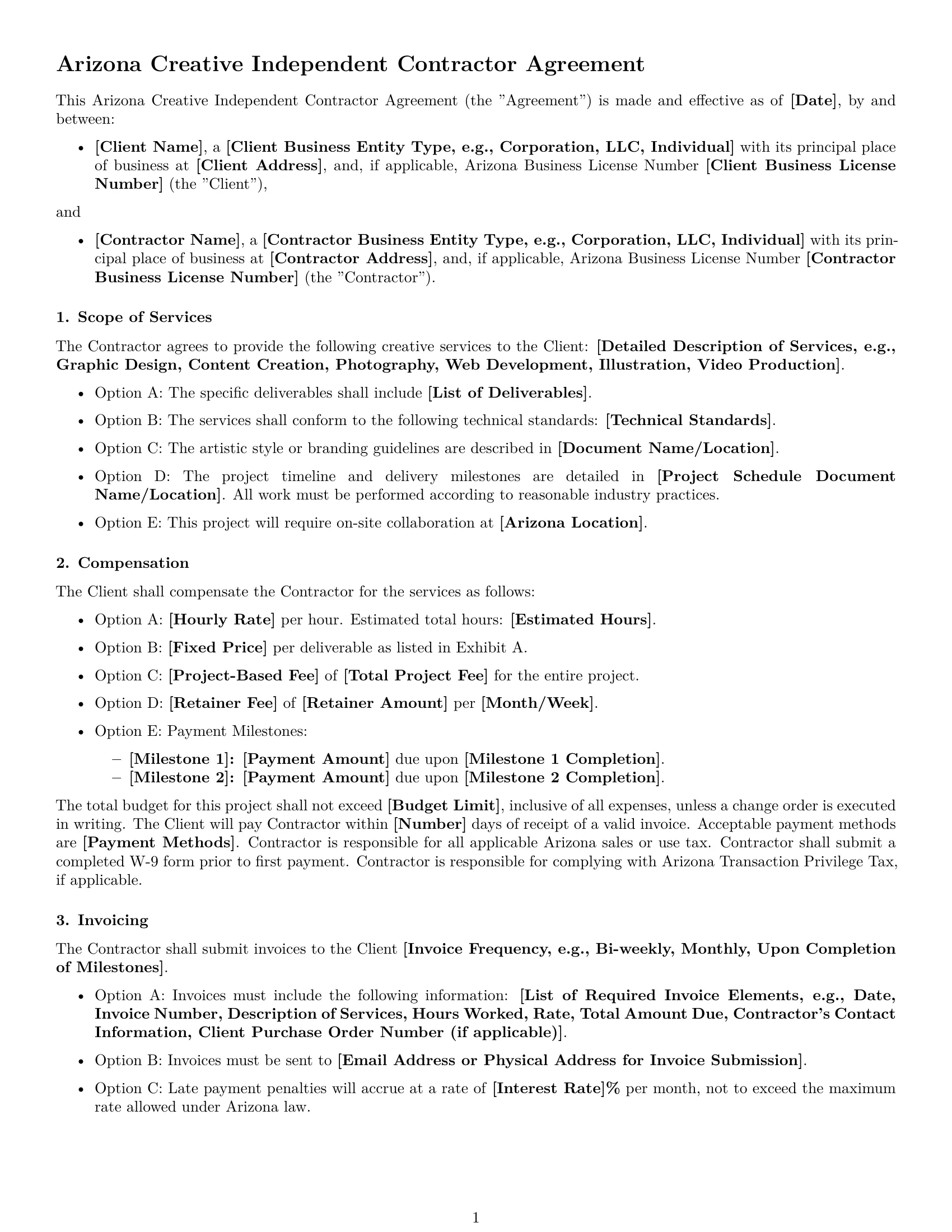Preview page 1 of Free Arizona creative independent contractor agreement template