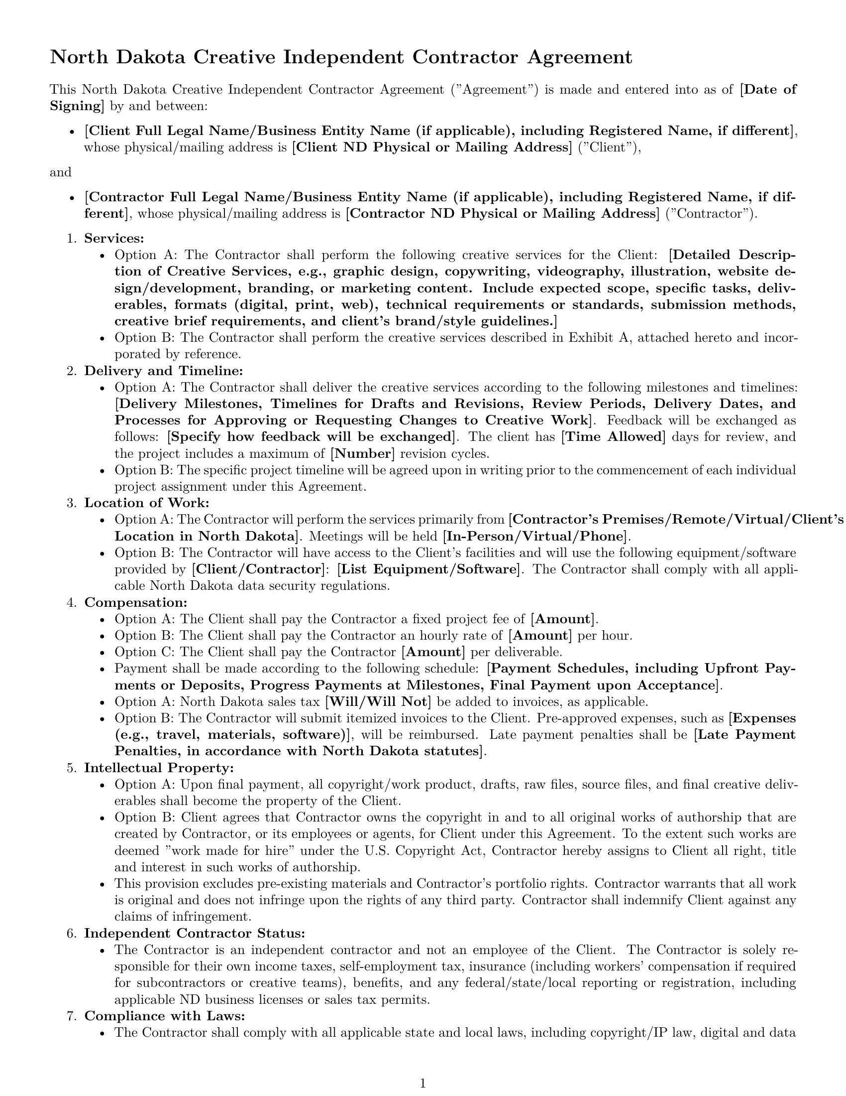 Preview page 1 of Free North Dakota creative independent contractor agreement template