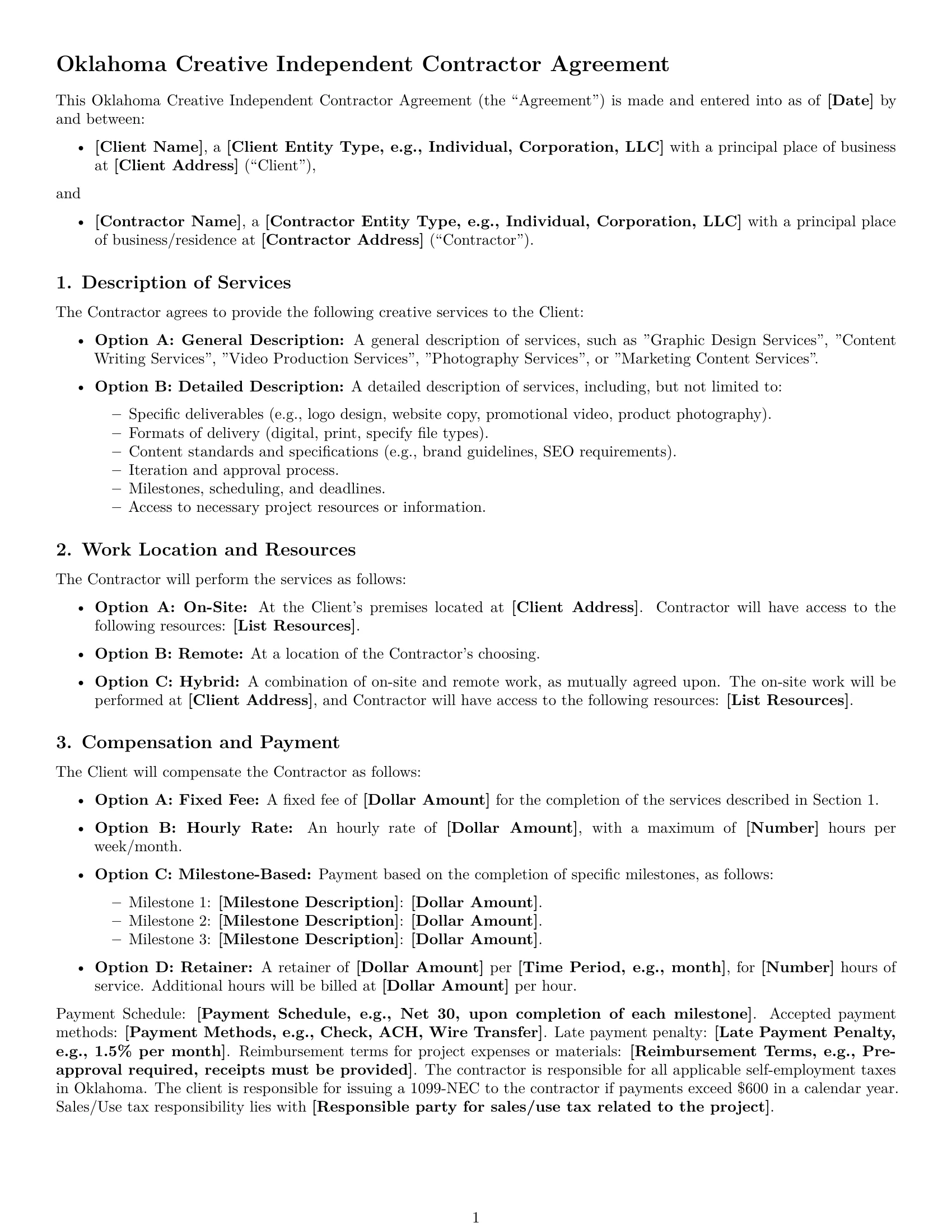 Preview page 1 of Free Oklahoma creative independent contractor agreement template