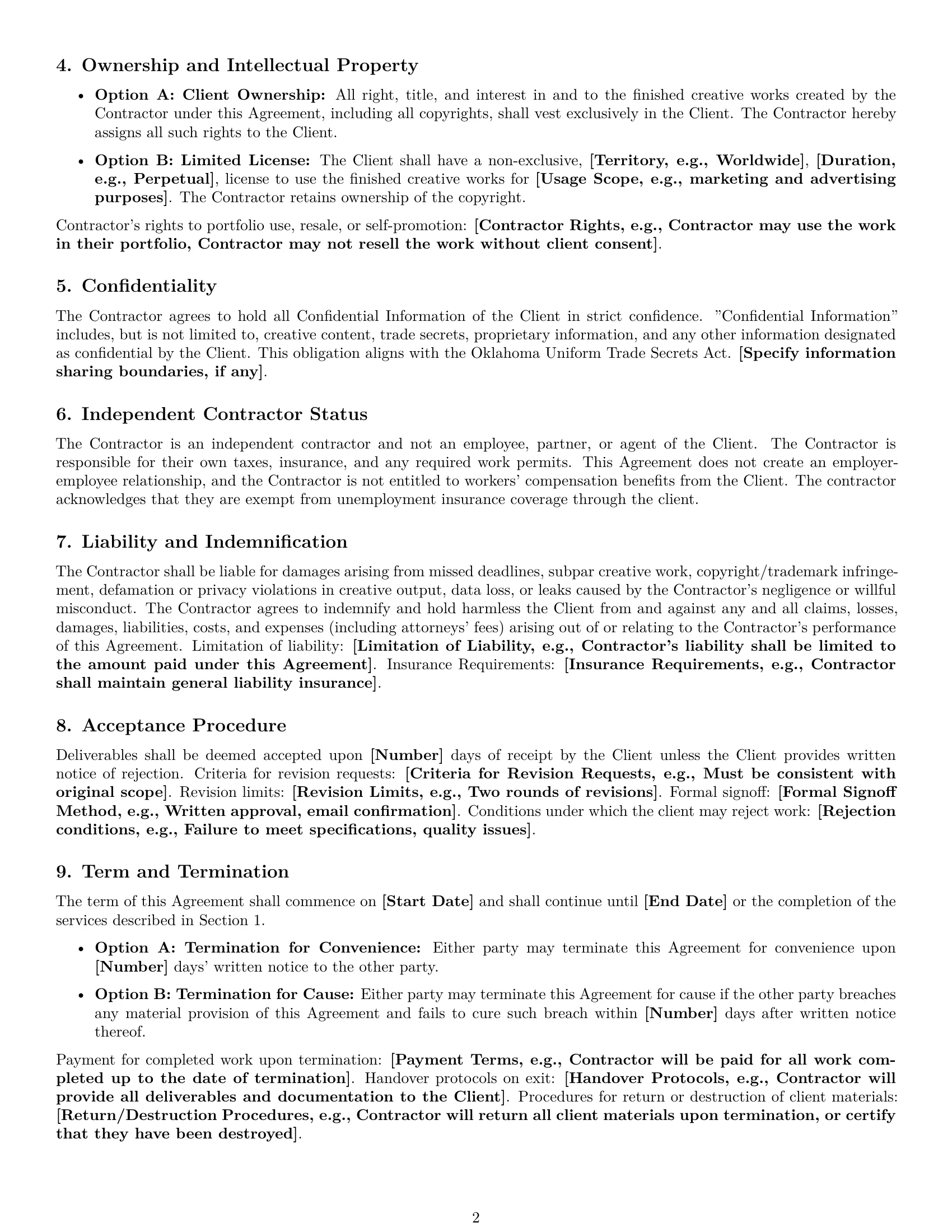 Preview page 2 of Free Oklahoma creative independent contractor agreement template