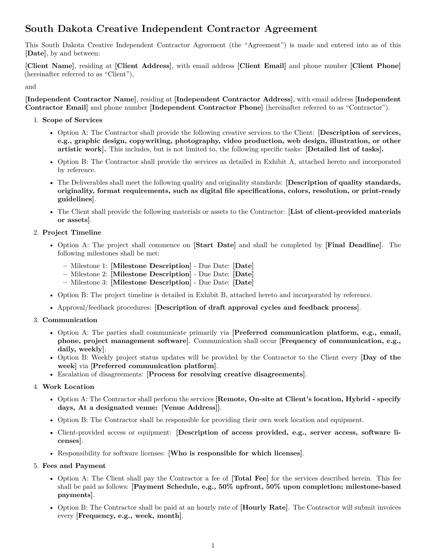 Preview page 1 of Free South Dakota creative independent contractor agreement template