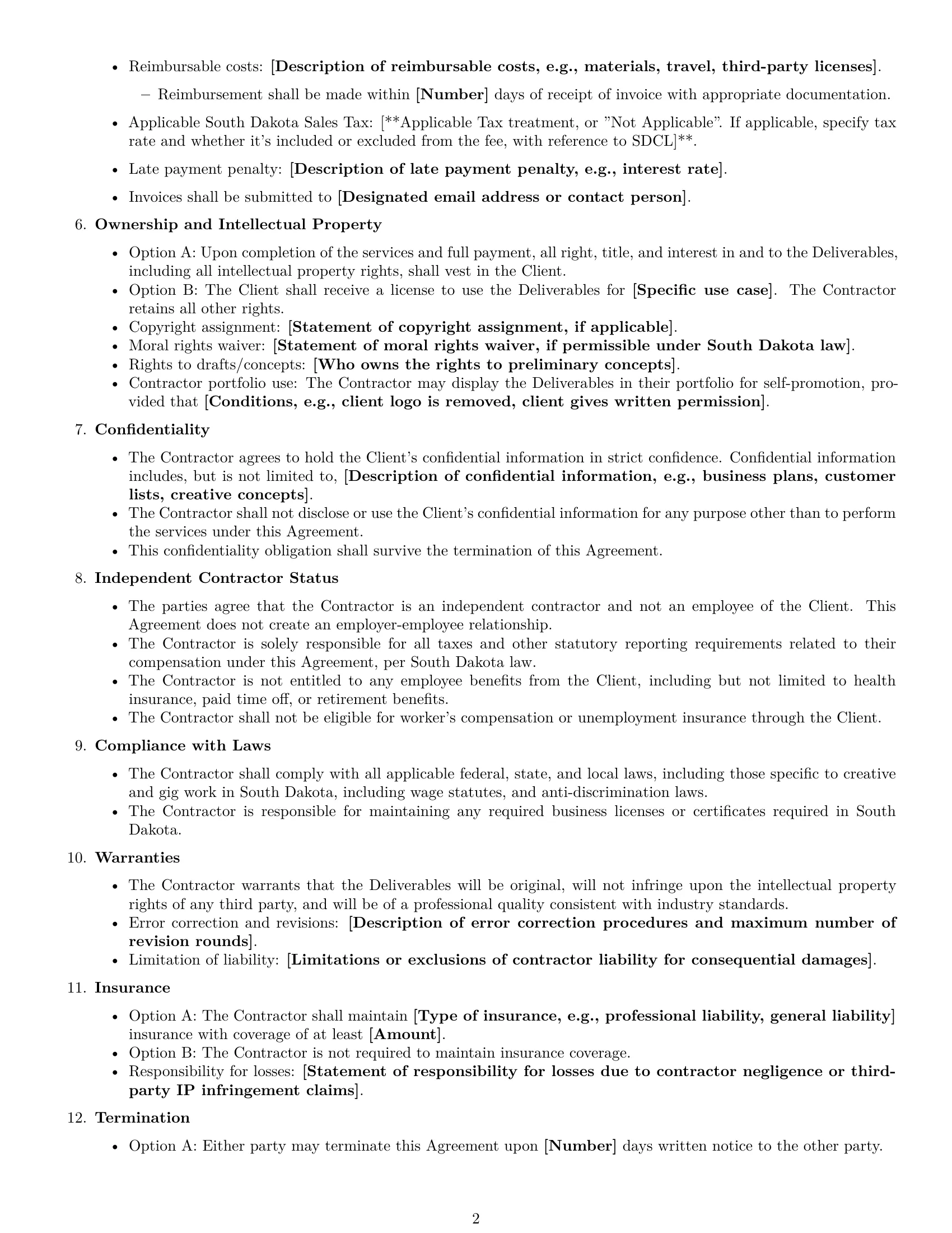 Preview page 2 of Free South Dakota creative independent contractor agreement template