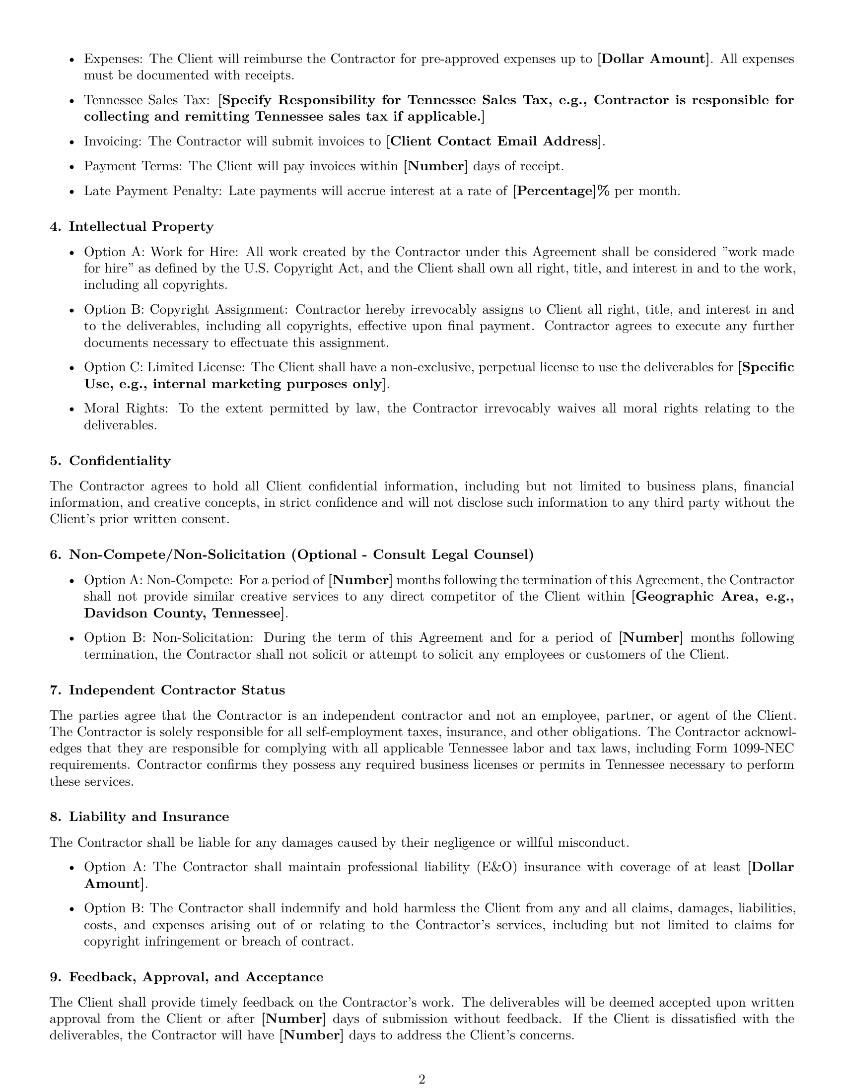 Preview page 2 of Free Tennessee creative independent contractor agreement template
