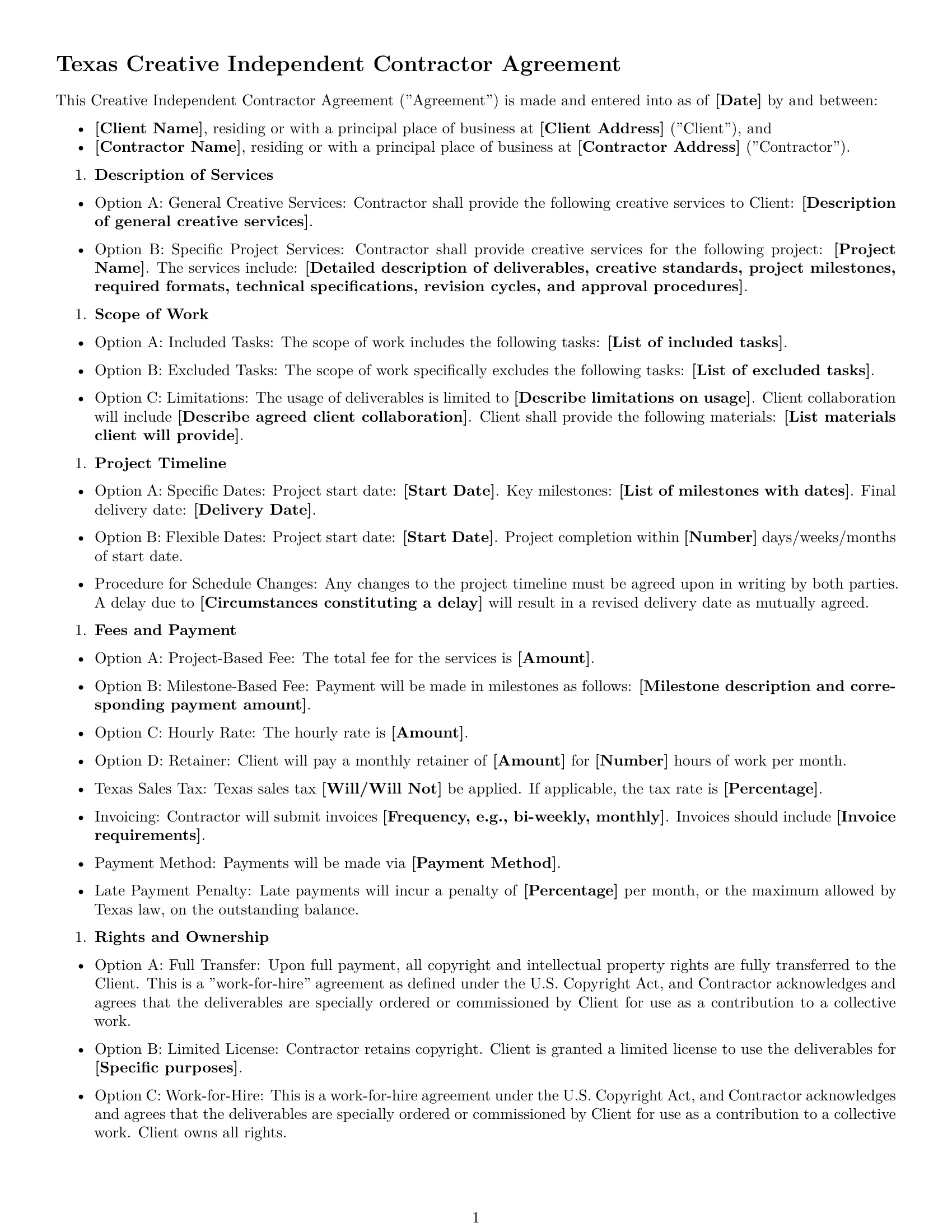 Preview page 1 of Free Texas creative independent contractor agreement template