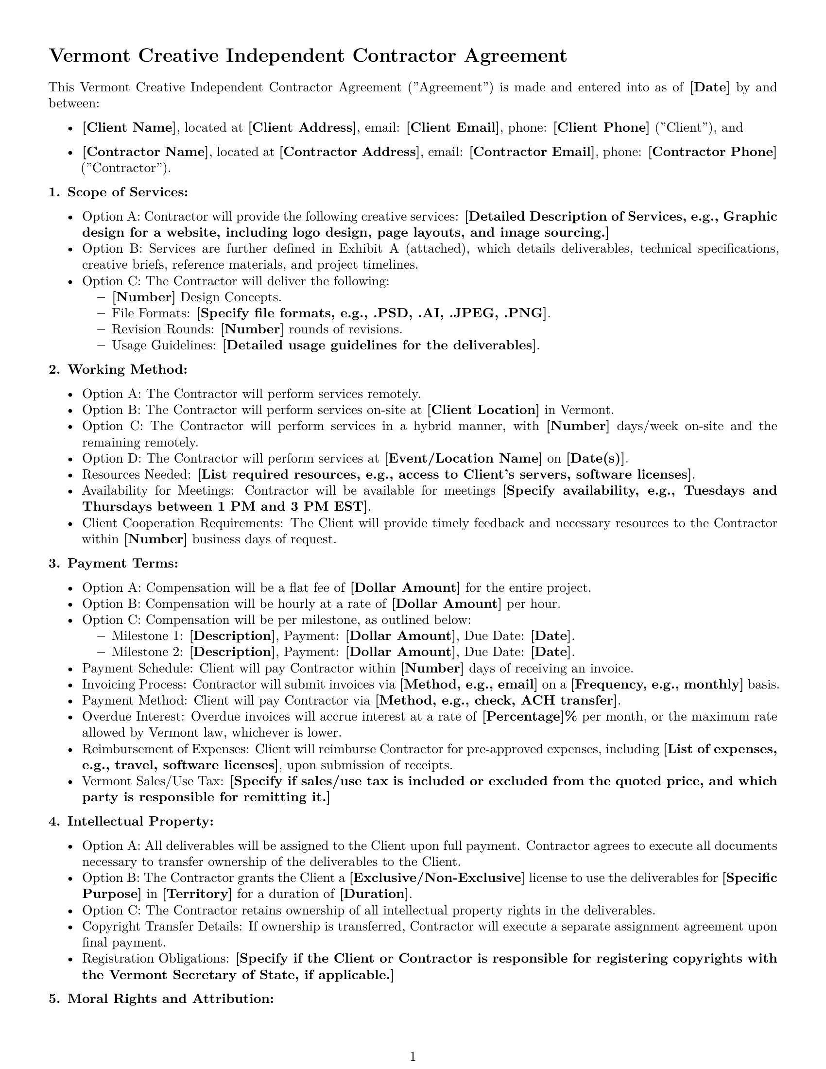 Preview page 1 of Free Vermont creative independent contractor agreement template
