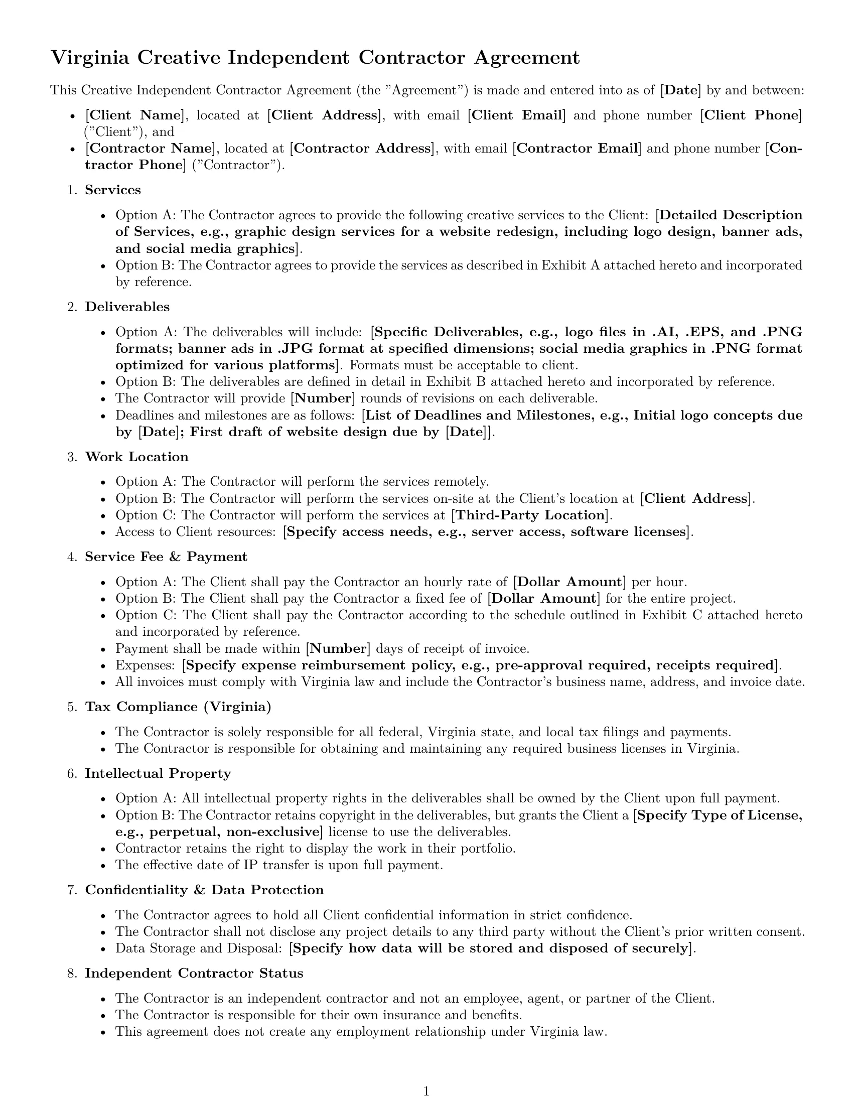 Preview page 1 of Free Virginia creative independent contractor agreement template