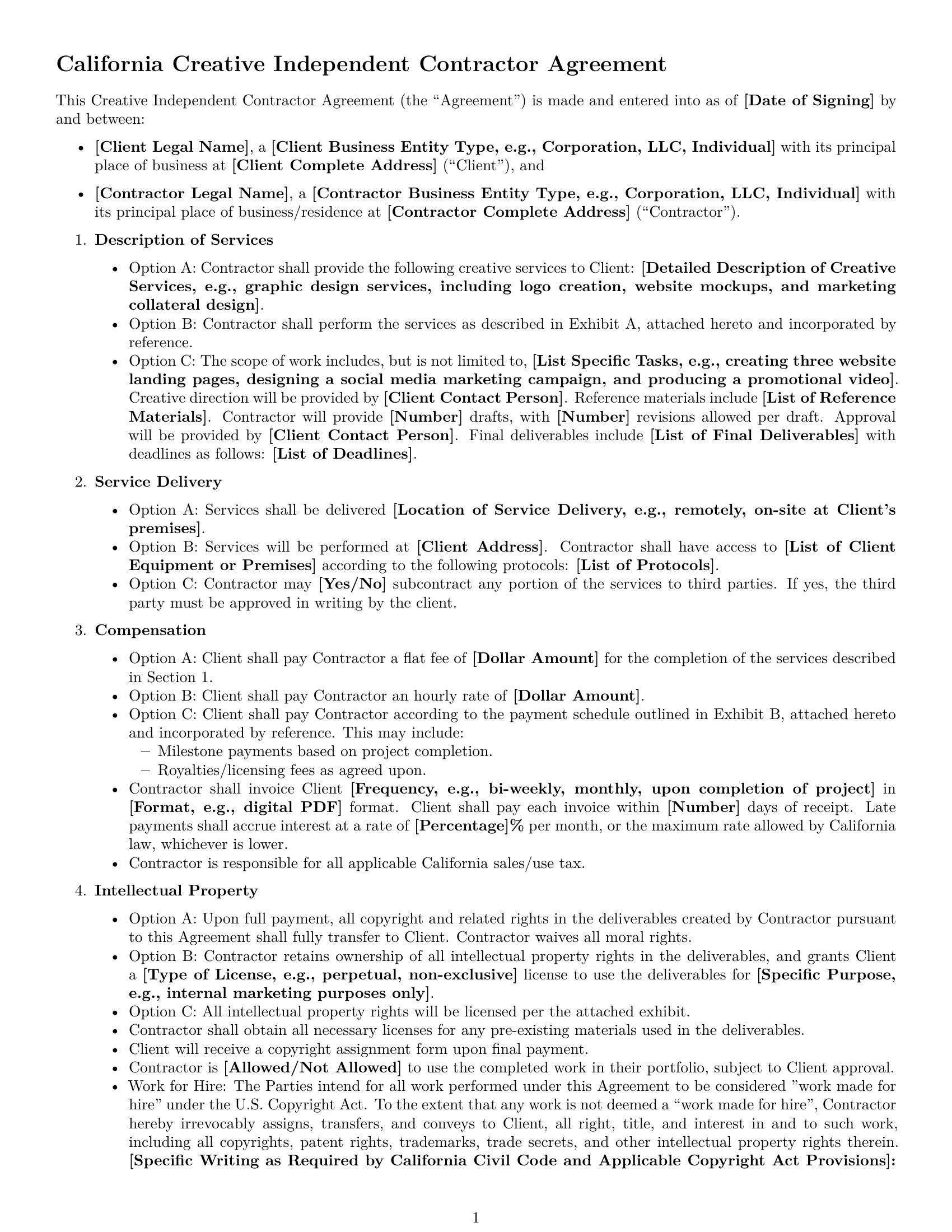 Preview page 1 of Free California creative independent contractor agreement template
