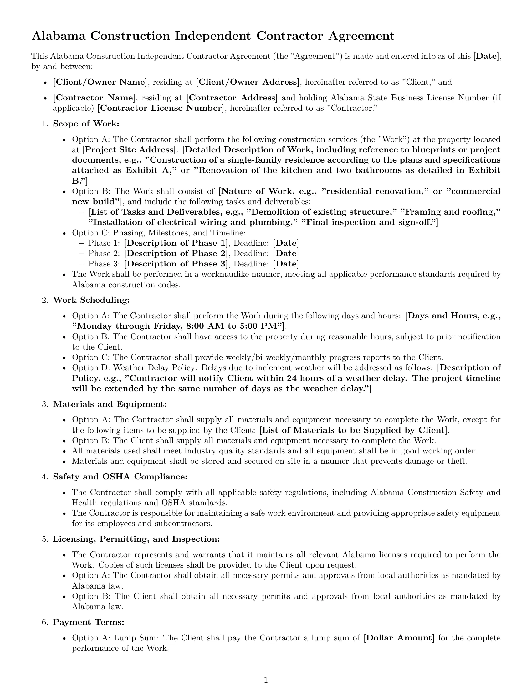 Preview page 1 of Free Alabama construction independent contractor agreement template
