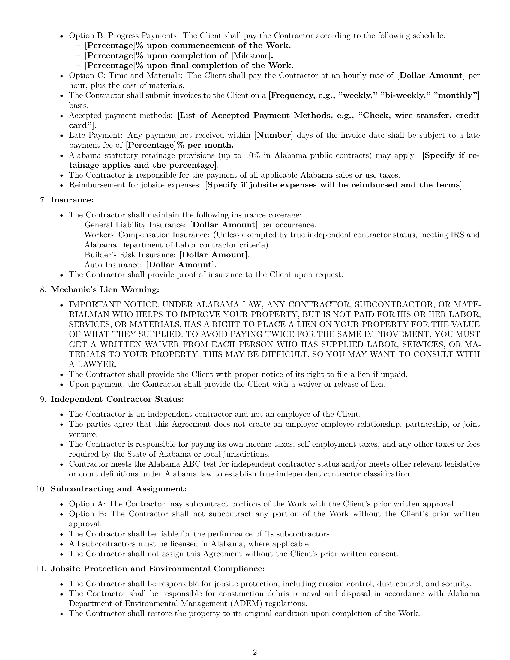 Preview page 2 of Free Alabama construction independent contractor agreement template