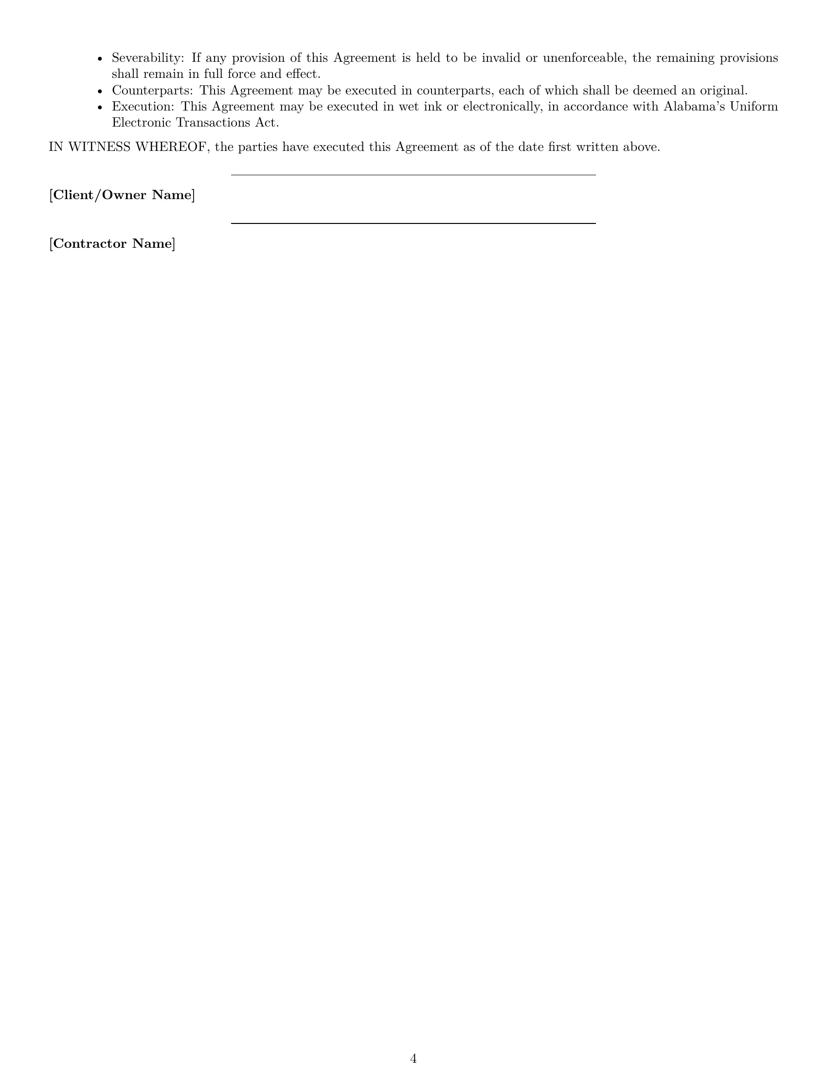 Preview page 4 of Free Alabama construction independent contractor agreement template