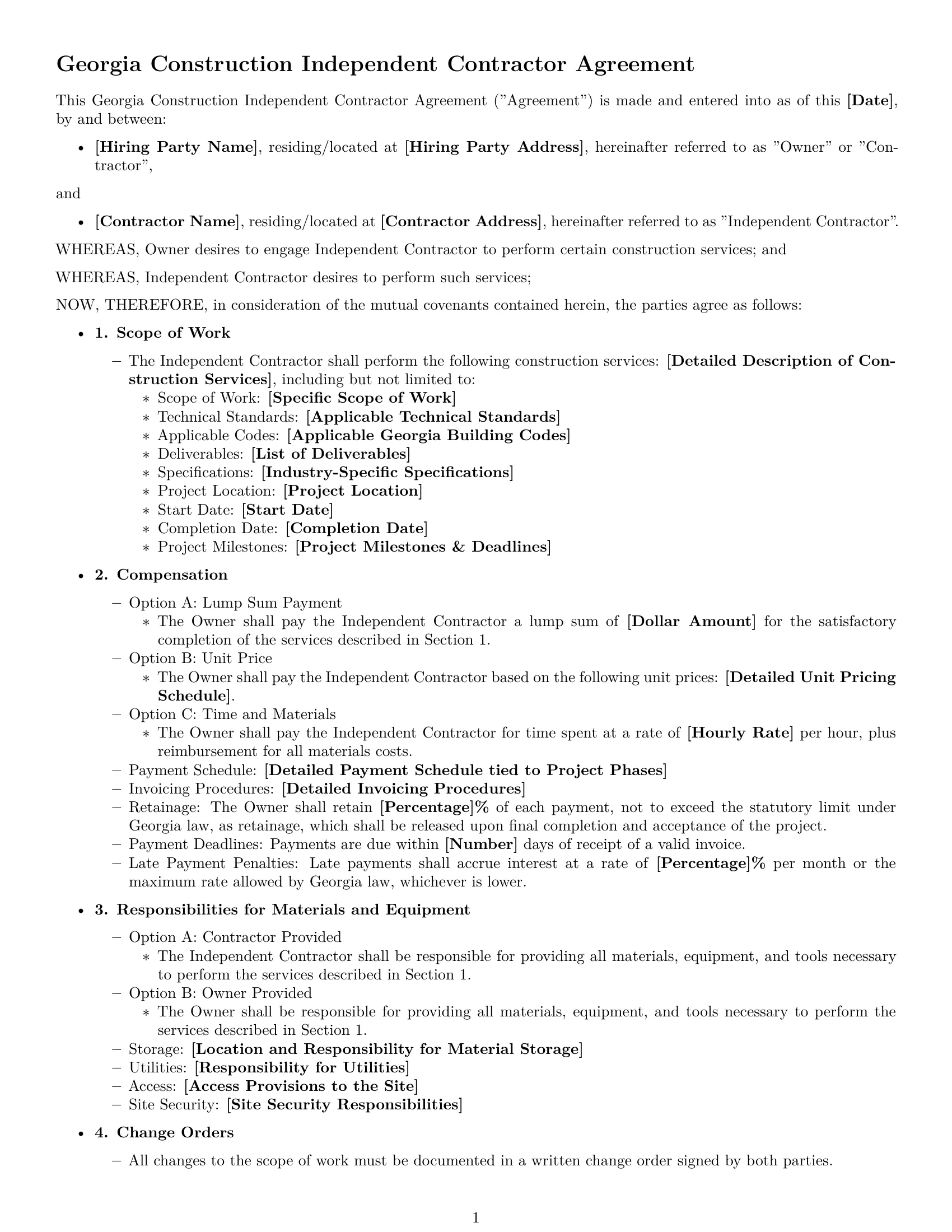 Preview page 1 of Free Georgia construction independent contractor agreement template