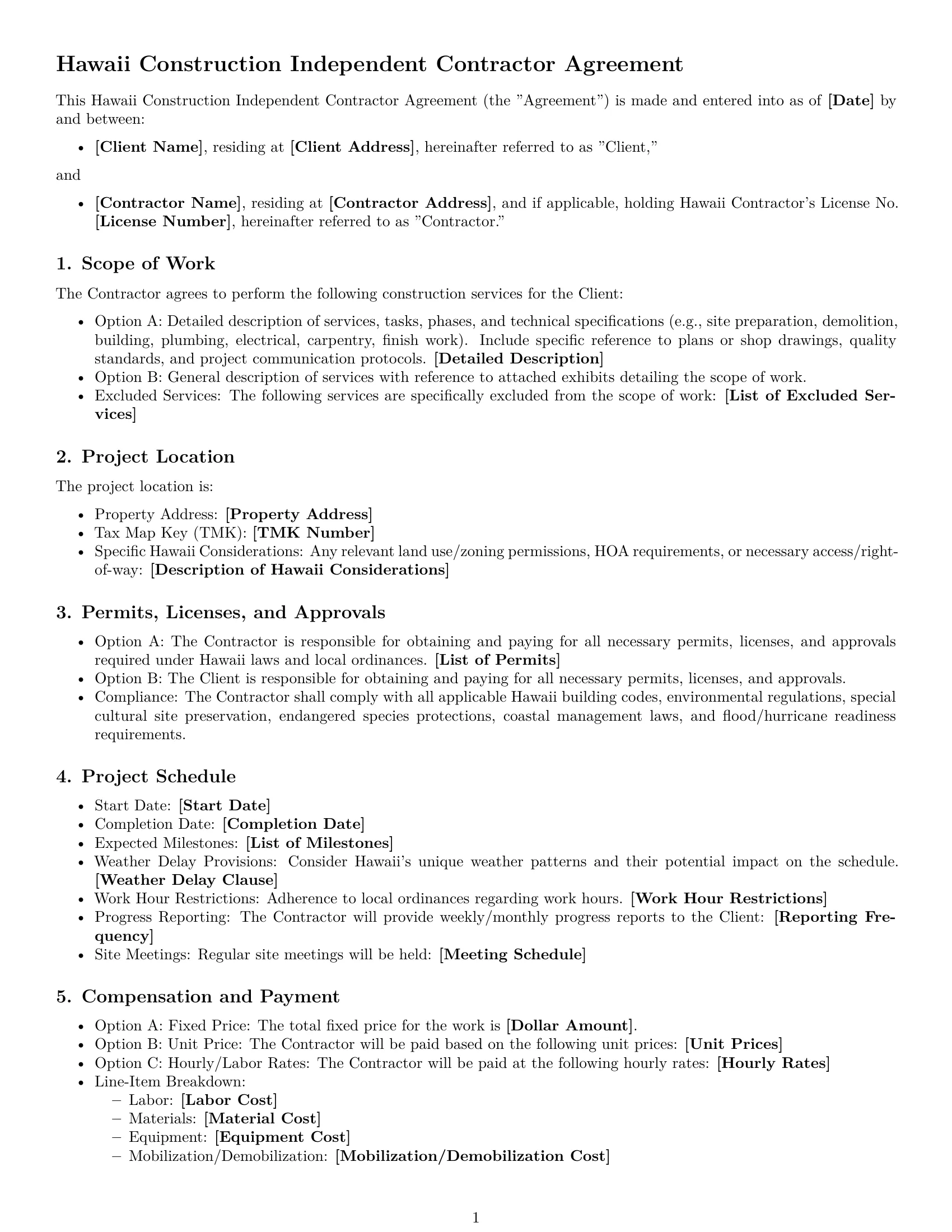 Preview page 1 of Free Hawaii construction independent contractor agreement template