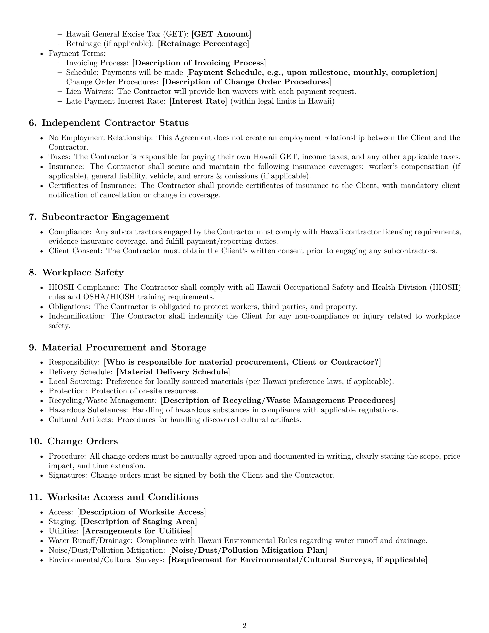 Preview page 2 of Free Hawaii construction independent contractor agreement template